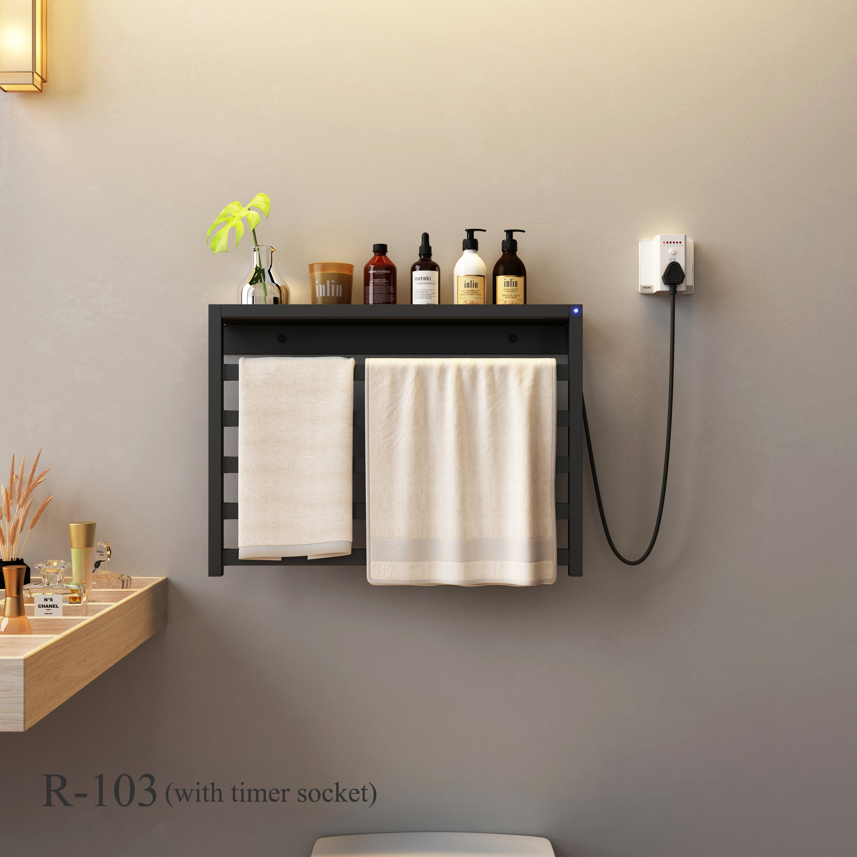 black electric towel rack from a wooden freestanding cabinet manufacturer