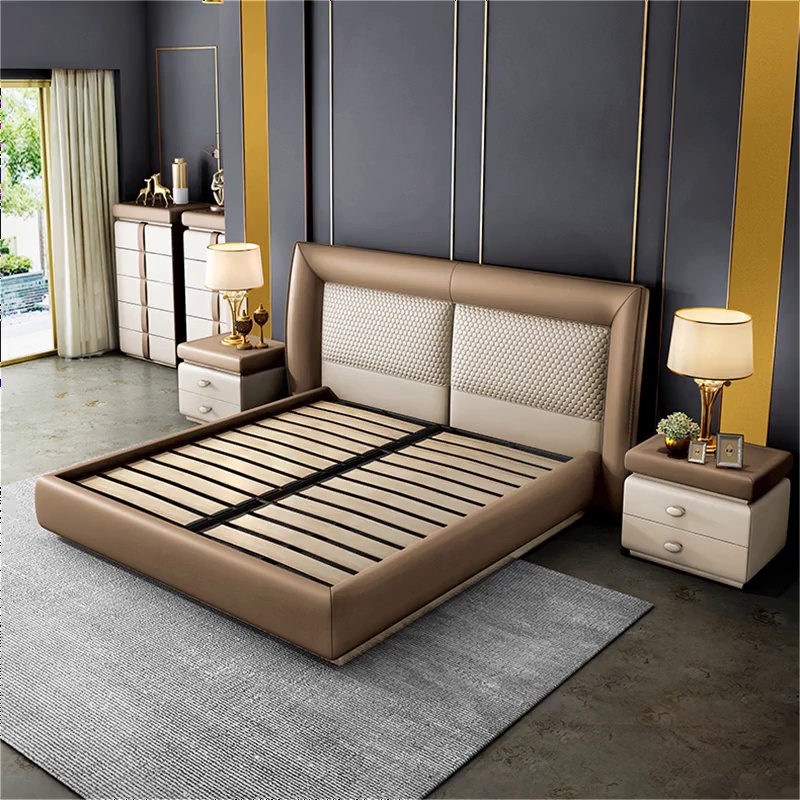 Luxury Modern Bed For Bedroom Furniture, Leather Queen Bed Frame With Storage