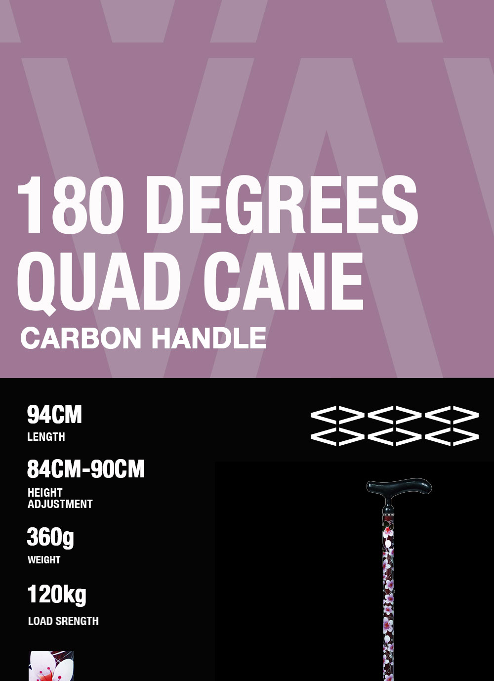 Carbon Fiber 360° Movable Quad Walking Cane High Strength Durable Cane