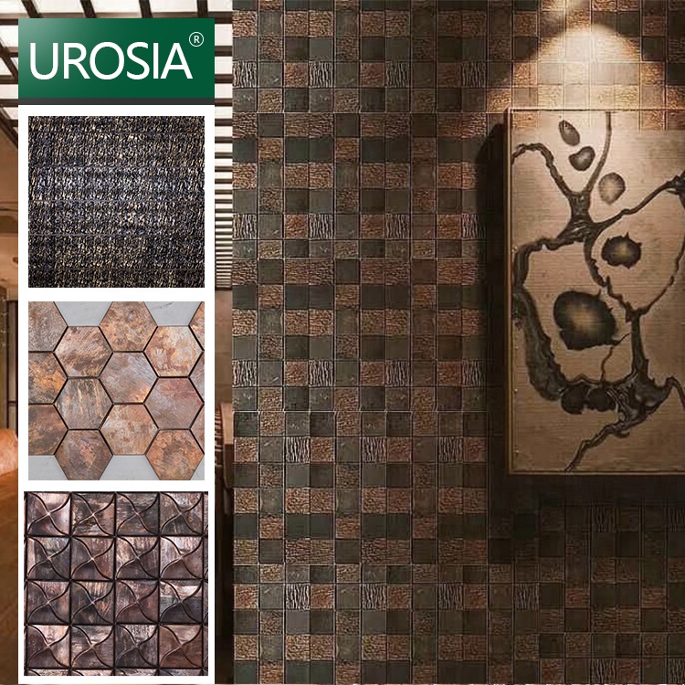 Luxury rustic bathroom tile design foshan antique rustic mosaic Bronze wall tile 3d copper Bronze square brushed metal mosaic