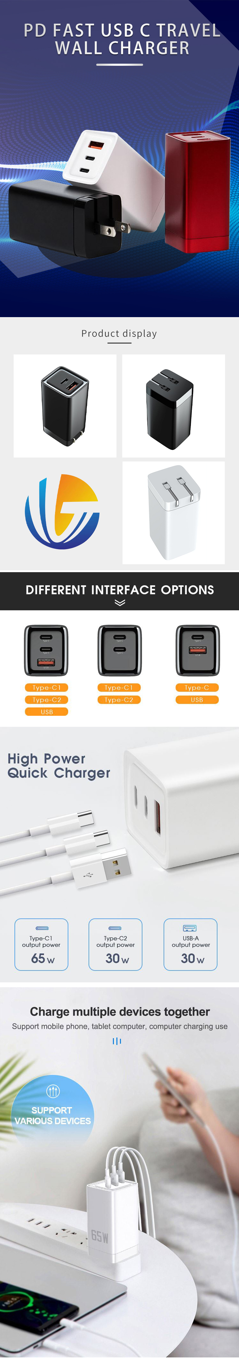 65w Gan Dual Port Fast Pd Travel Wall Charger Oem Factory