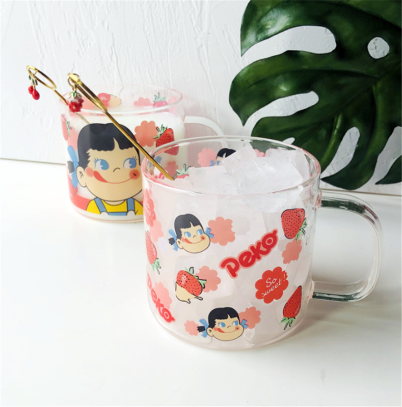 Japanese milk girl glass cup cute cartoon water cup breakfast cup girl  heart strawberry drinking cup