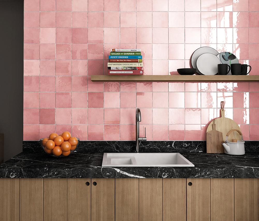 Kitchen Backsplash with Different Pink Shades
