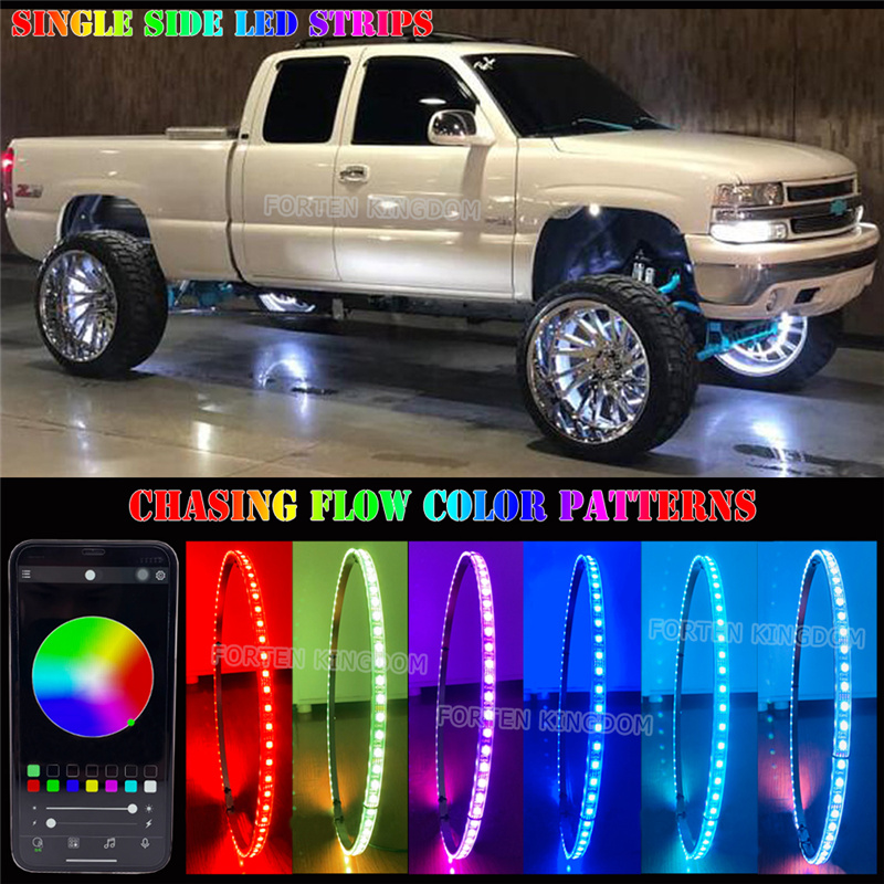 17 Dream Chasing Color Flow Double Sides Illuminated LED Wheel Rings Lights w/Turn Signal and Braking Functionand for Truck All Jeep Offroad Bluetooth Controller 