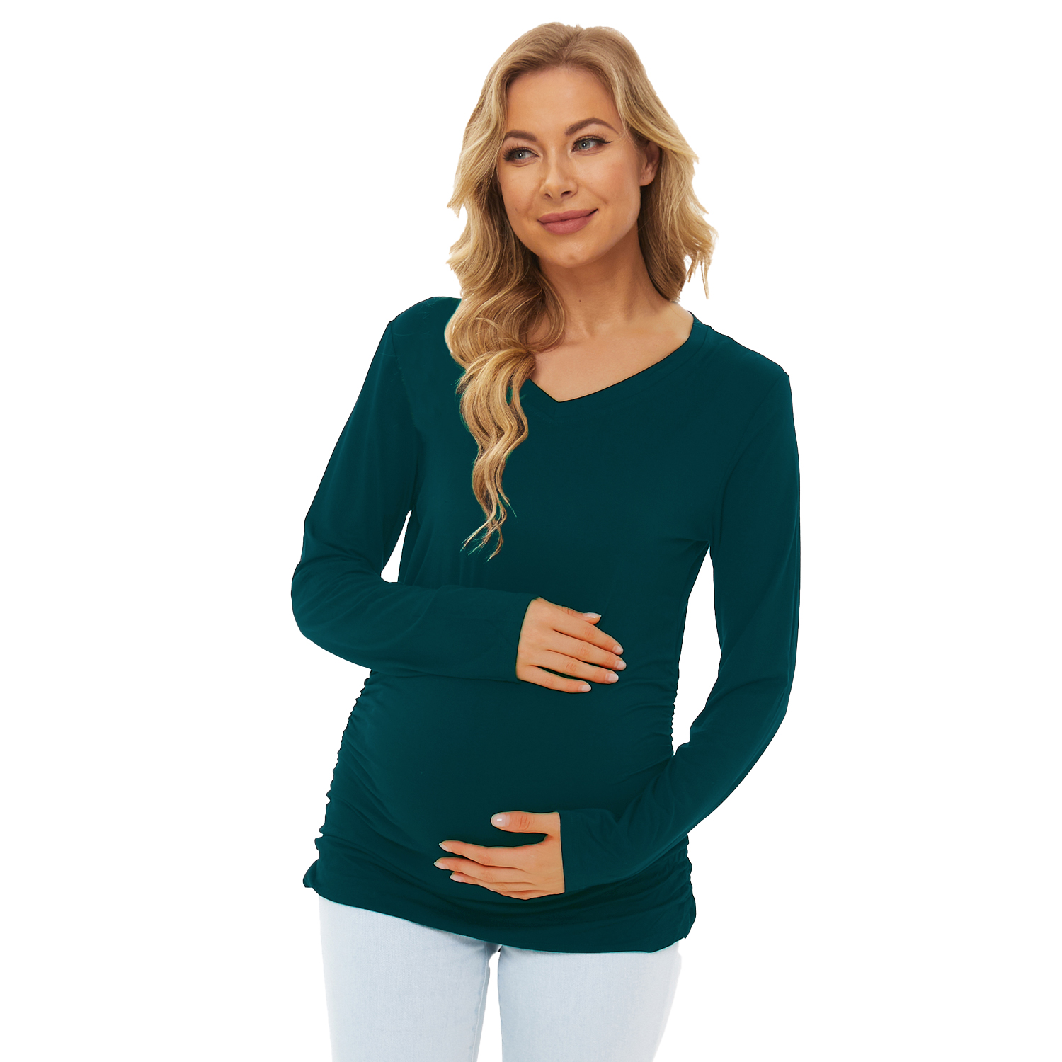 Smallshow Womens Long Sleeve Maternity Clothe Tops Side Ruched Pregnancy Shirt