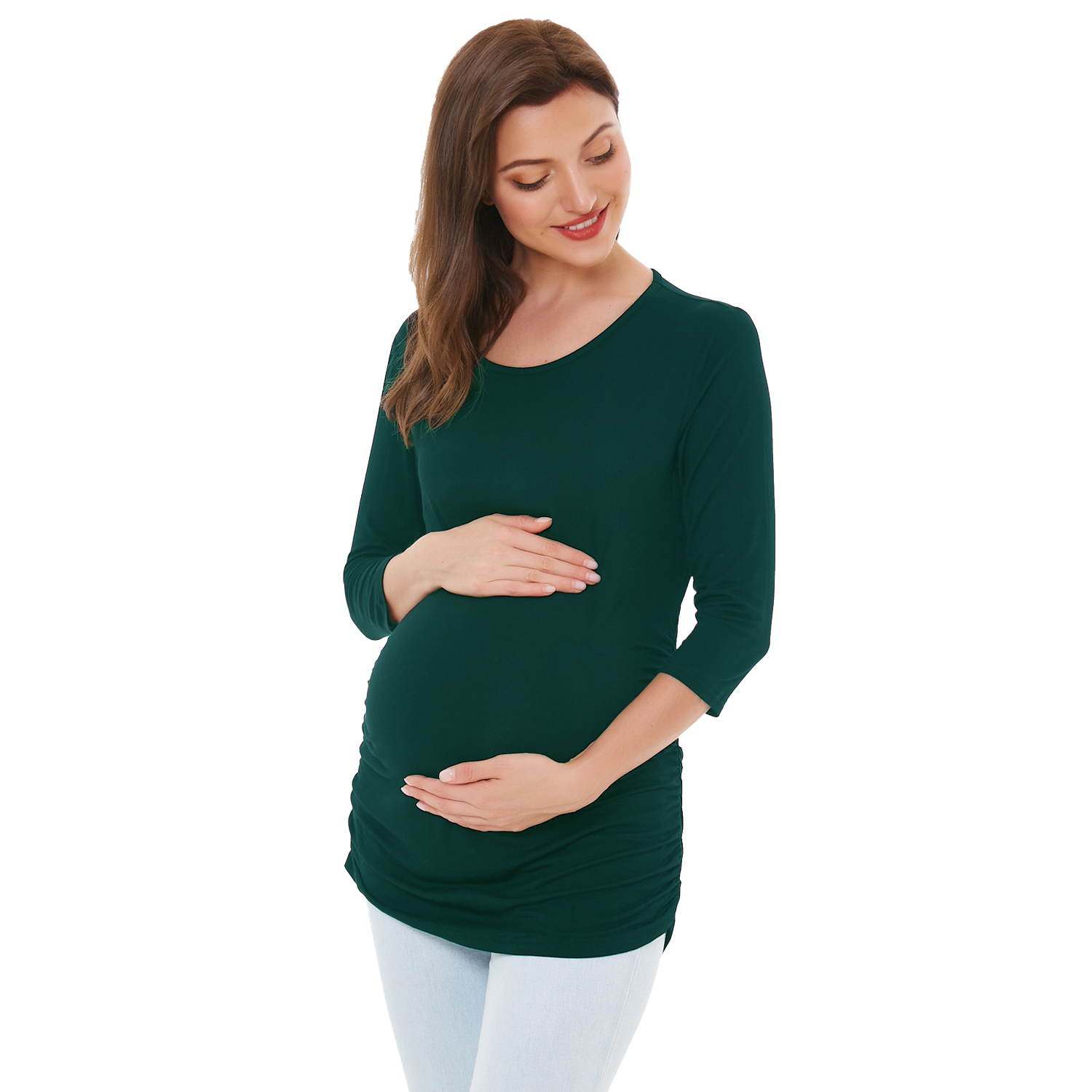 Smallshow Womens Maternity Tunic Tops Clothes 3/4 Sleeve Ruched Pregnancy Shirt