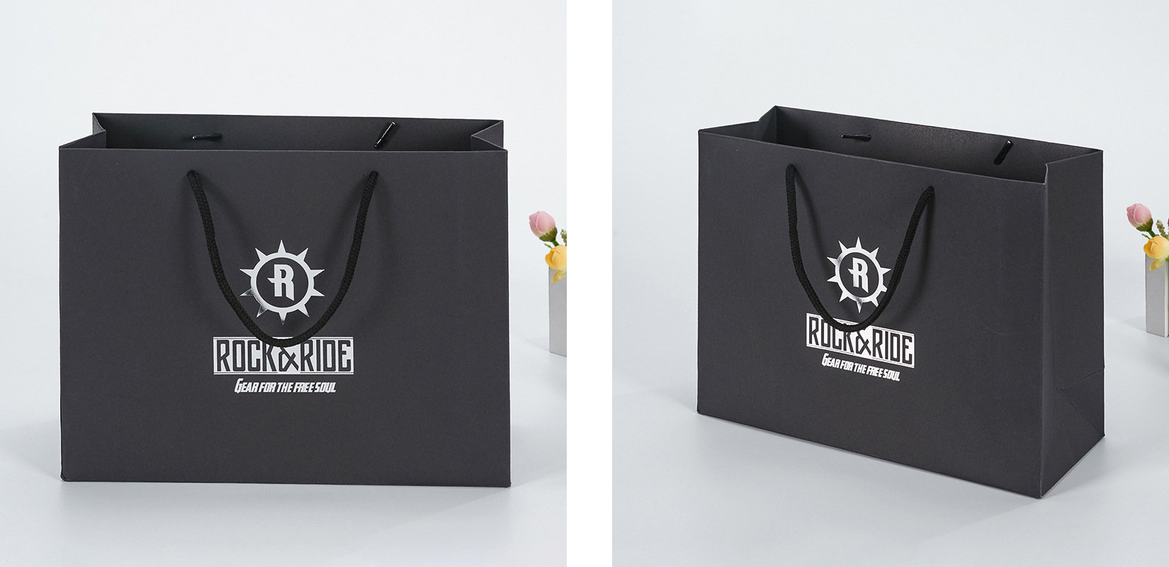 Black Coated Paper Bag With Custom Design Printed Silver Foil Logo With 