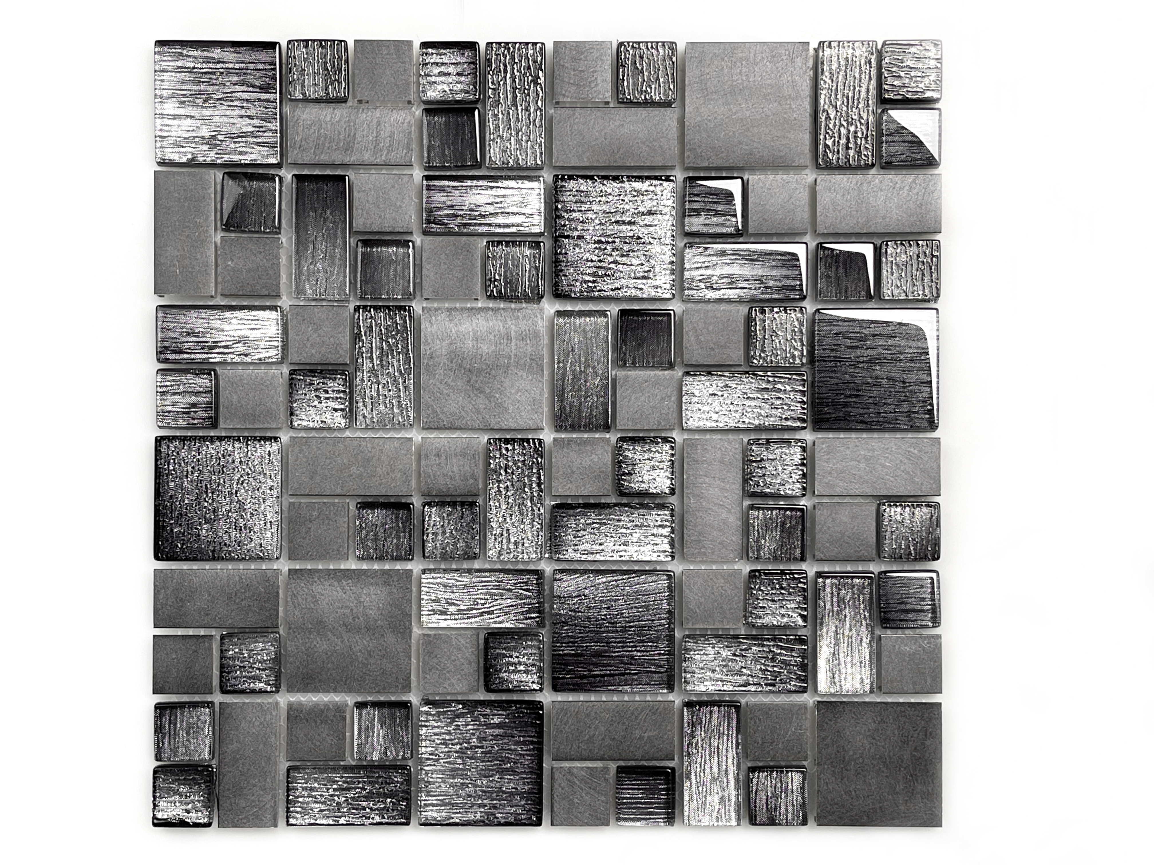 Rectangle and Square Crystal Glass Mosaic  Laminated Matellic and Aluminum Light and Dark Grey