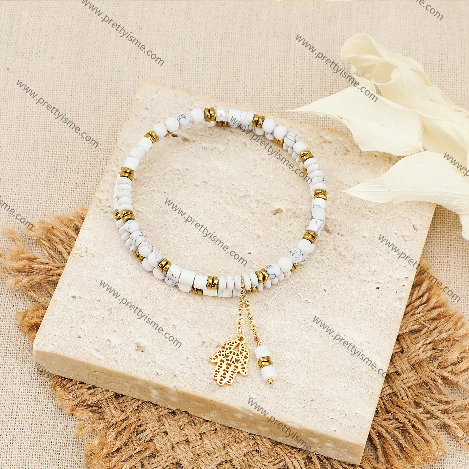 Multi Layers White  turquoise Beads Mixed With White Shell Tube Hand Dangle  Pendant Stainless Steel Bangle  (4).webp