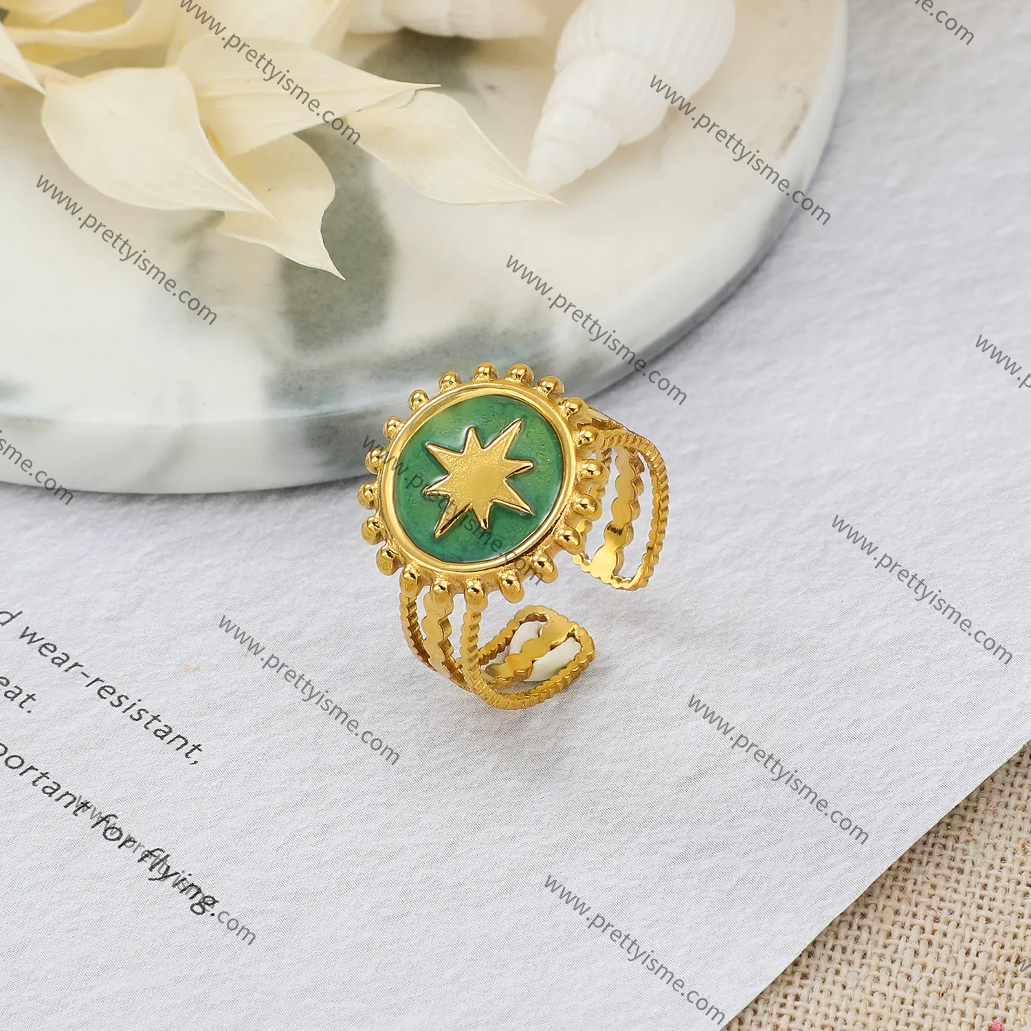 Stainless Steel Open Cutout Wide Ring Set with Green Gold Plated Polygonal Star Fashion Ring.webp