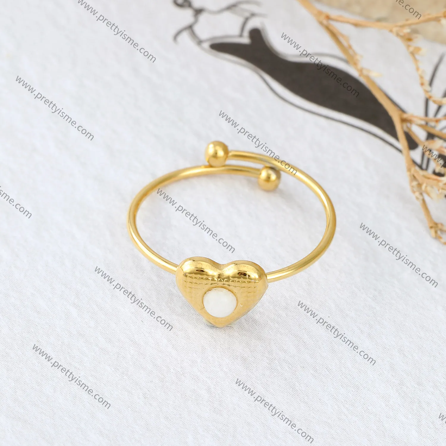 Lovely Stainless Steel Heart Ring in 18k Gold Plated Set with White Stones Open Ring.webp
