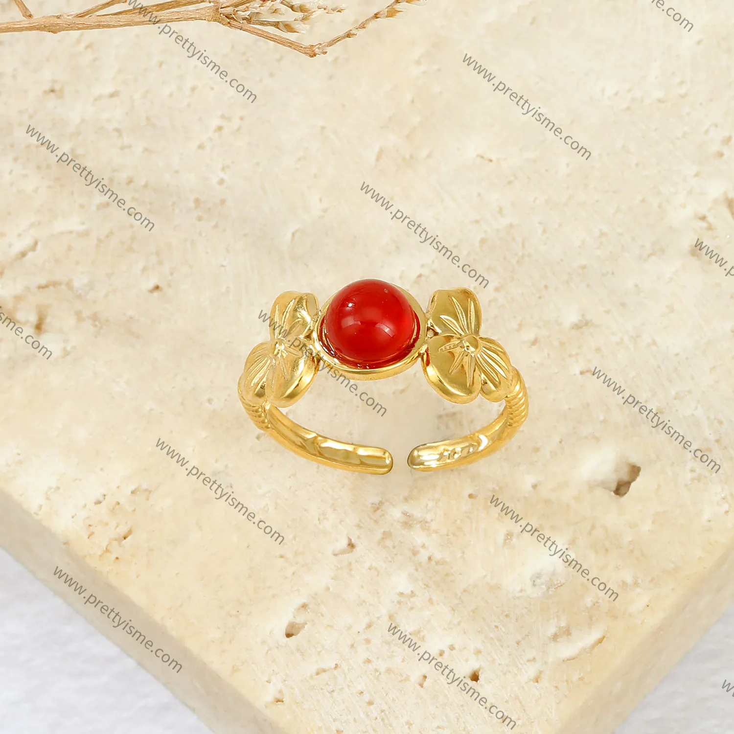 Delicate French Style Stainless Steel Open Ring Set with Charming Red Gemstone Thin Ring.webp