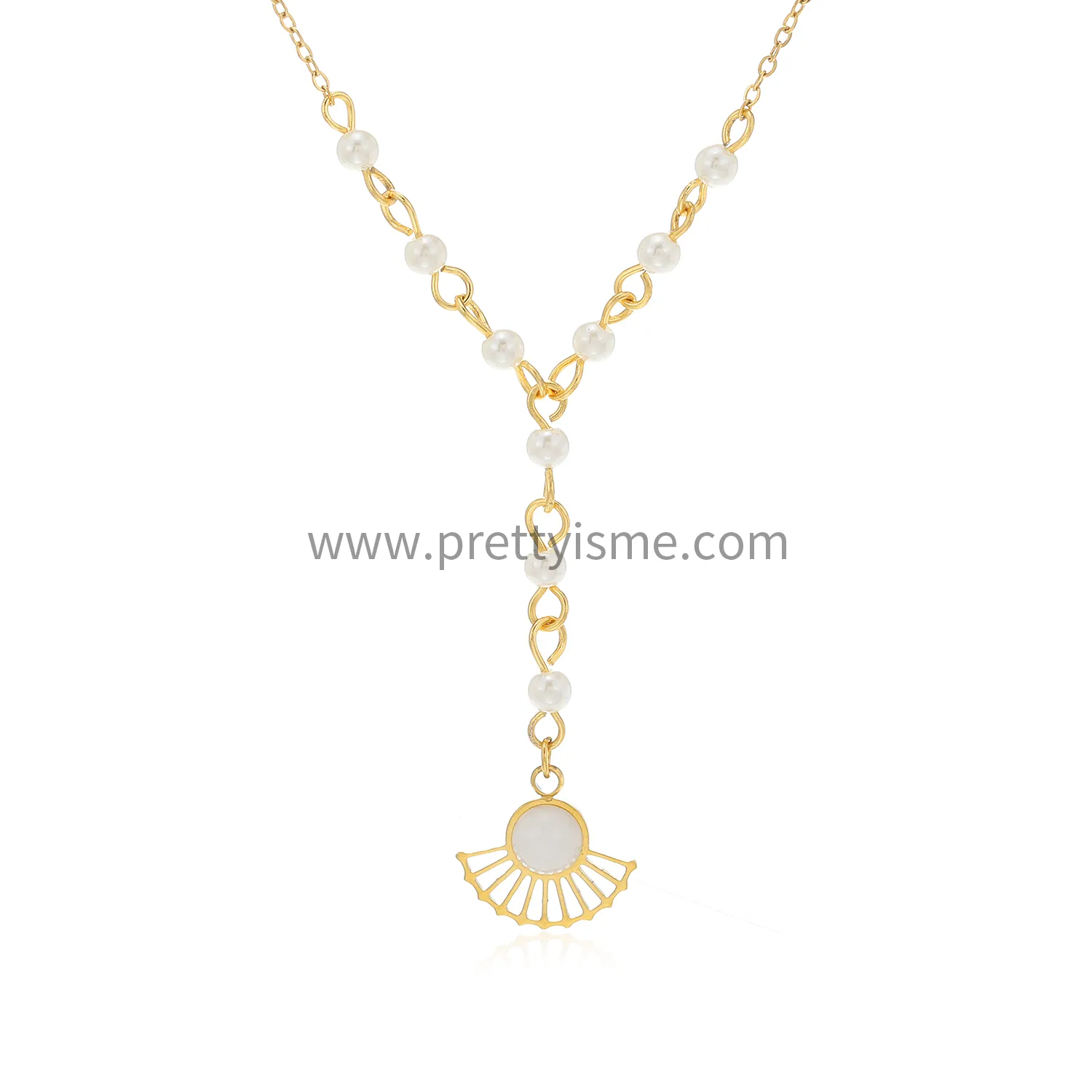 Elegant pearl stainless steel 18k gold plated necklace long pendant fan with gem necklace (5).webp