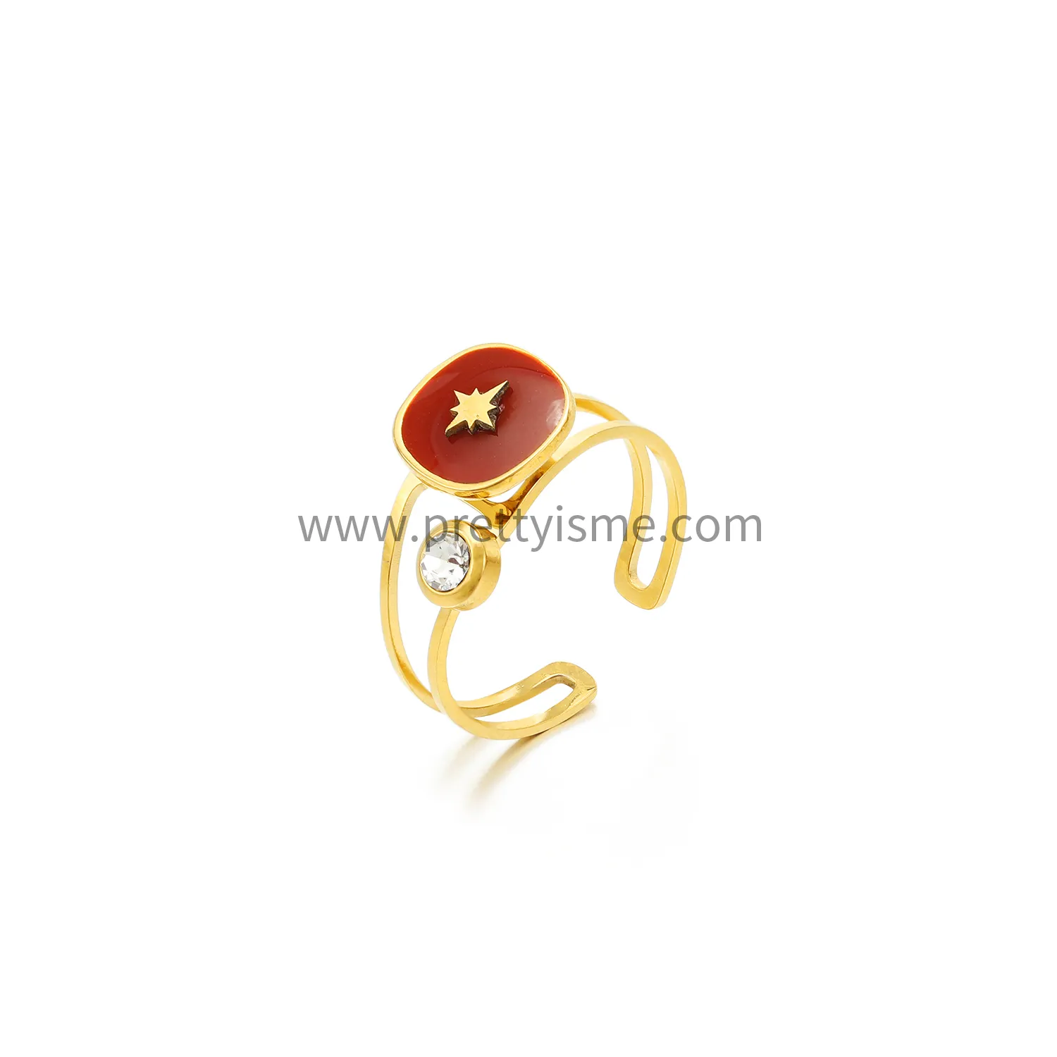 Open hollow stainless steel 18k gold plated ring red epoxy with round small diamond ring (5).webp