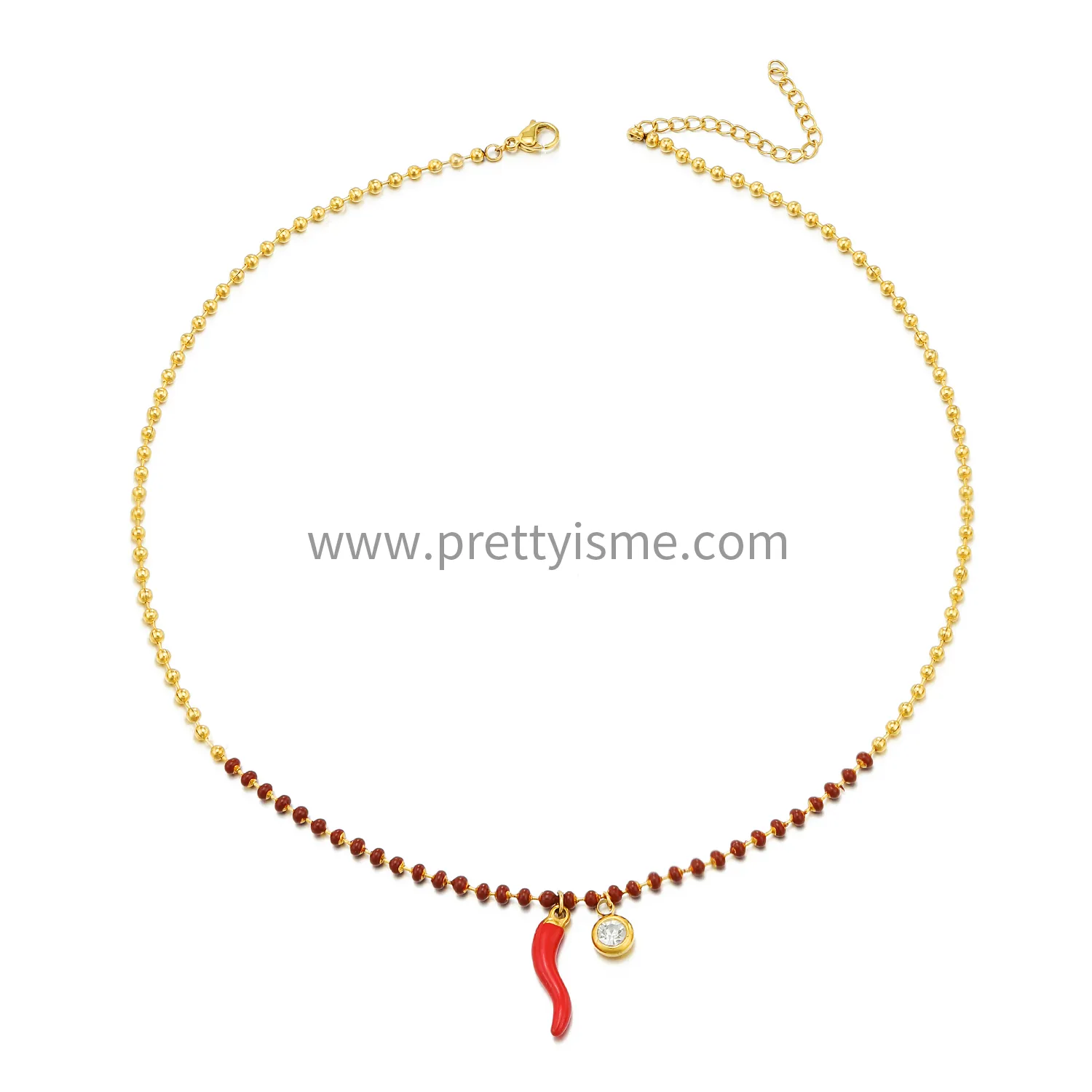 Small Pepper Pendant Stainless Steel Gold Plated 18K Necklace with Red Round Beads and Diamonds Delicate Necklace (5).webp