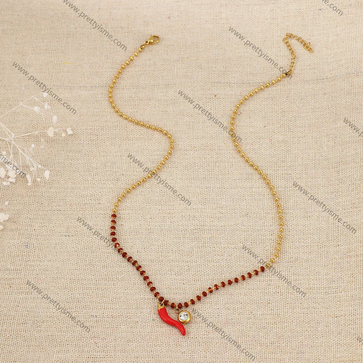 Small Pepper Pendant Stainless Steel Gold Plated 18K Necklace with Red Round Beads and Diamonds Delicate Necklace (4).webp