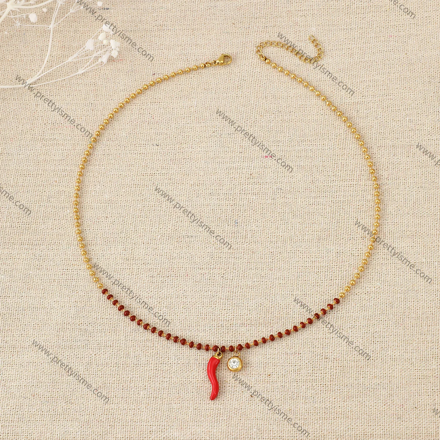 Small Pepper Pendant Stainless Steel Gold Plated 18K Necklace with Red Round Beads and Diamonds Delicate Necklace.webp