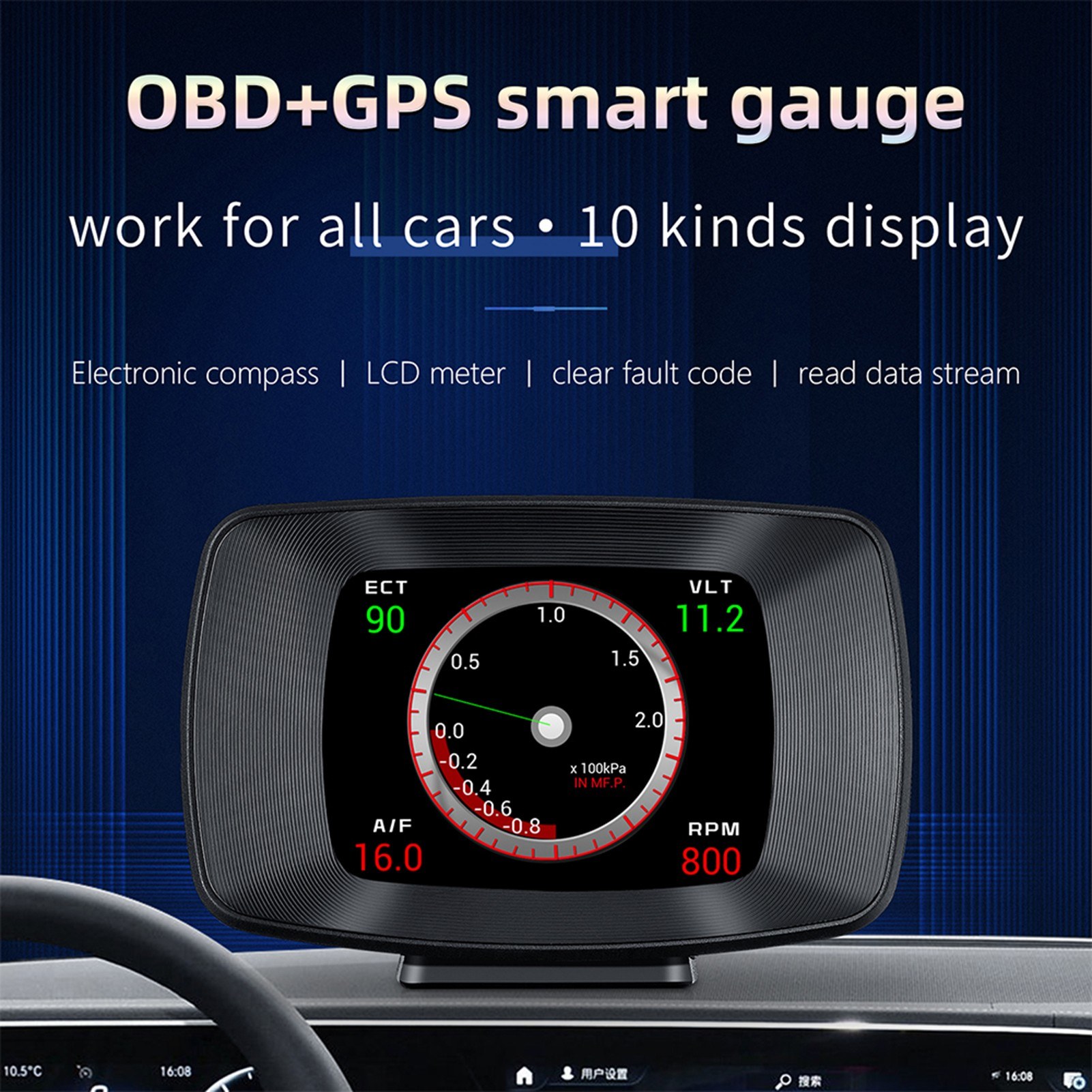 Vehicle Car Hud Head-up Display, Obdii Smart Digital Meter, Obd+gps 