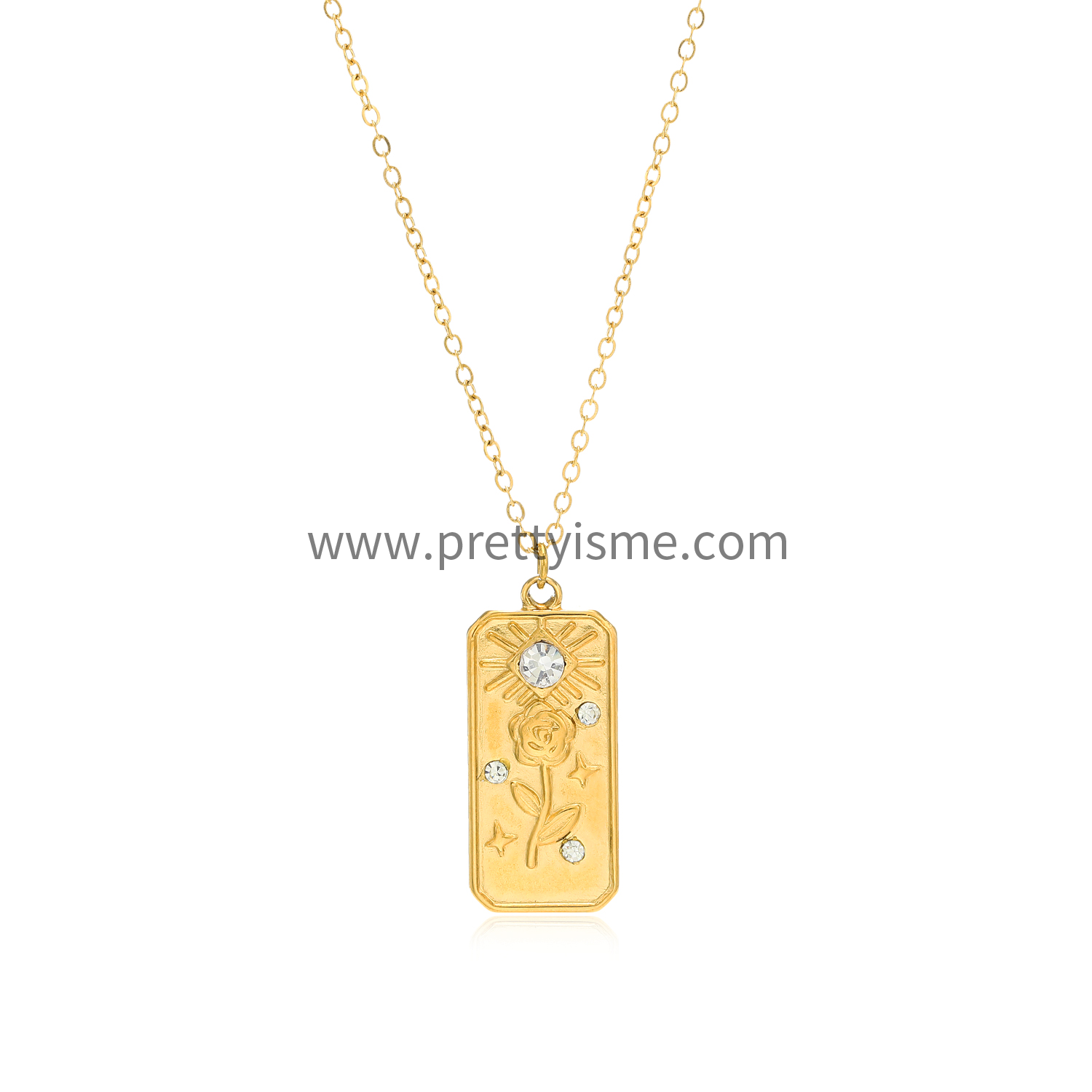 Thin Necklace Gold Plated 18K with Square Pendant Everyday Rose Pattern with Sparkling Diamonds (5).webp