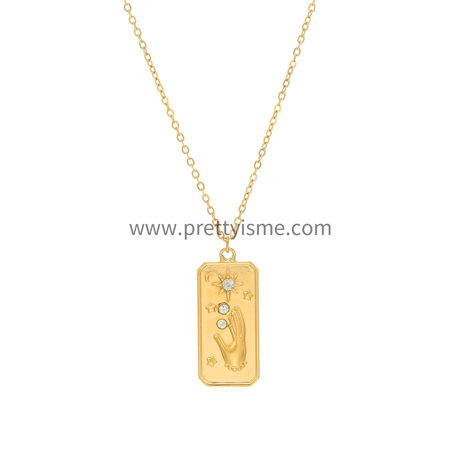 Thin Necklace Gold Plated 18K with Square Pendant Star Moon Pattern with Sparkling Diamonds (5).webp