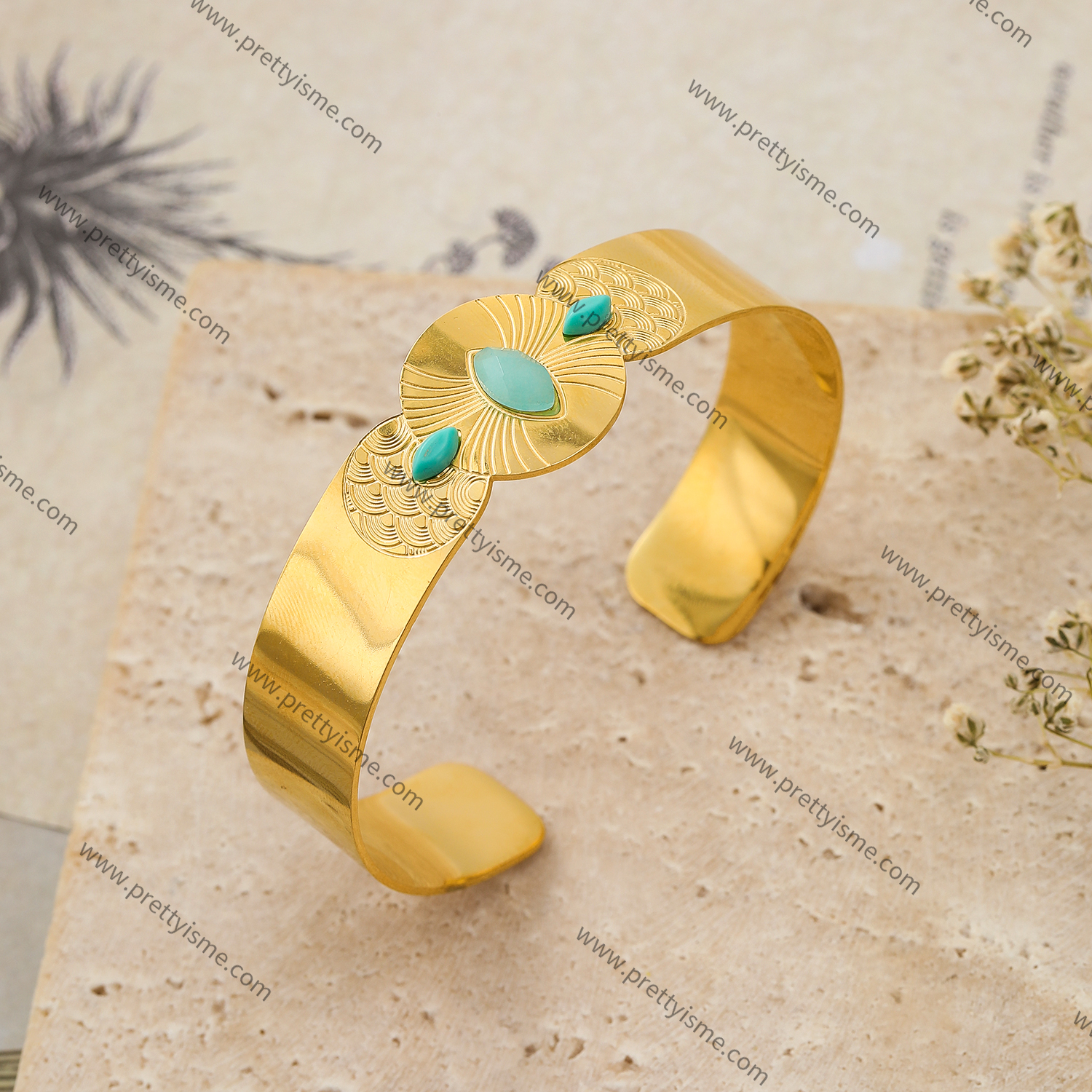 Wide Bracelet Gold Plated 18K Set Faux Turquoise Open Bracelet (3).webp