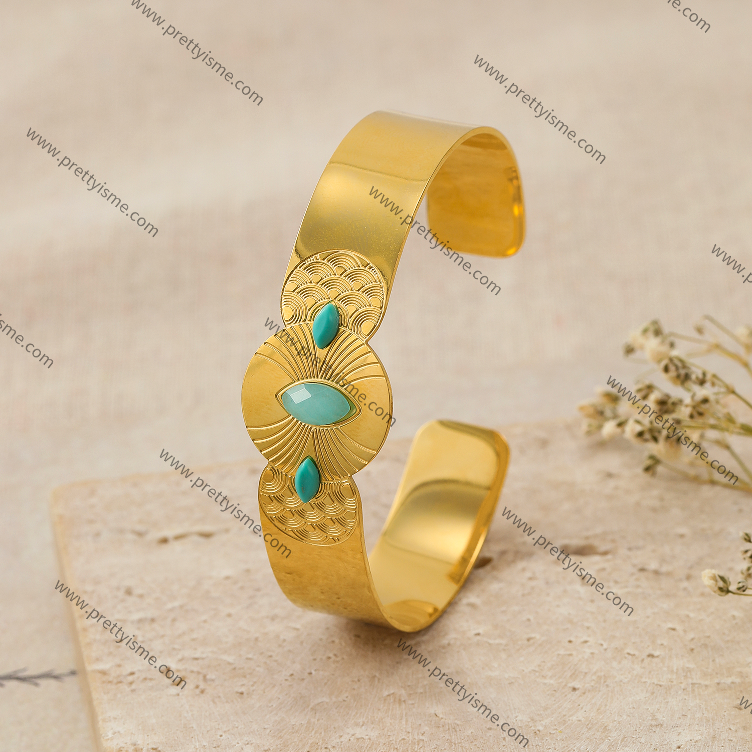 Wide Bracelet Gold Plated 18K Set Faux Turquoise Open Bracelet (4).webp