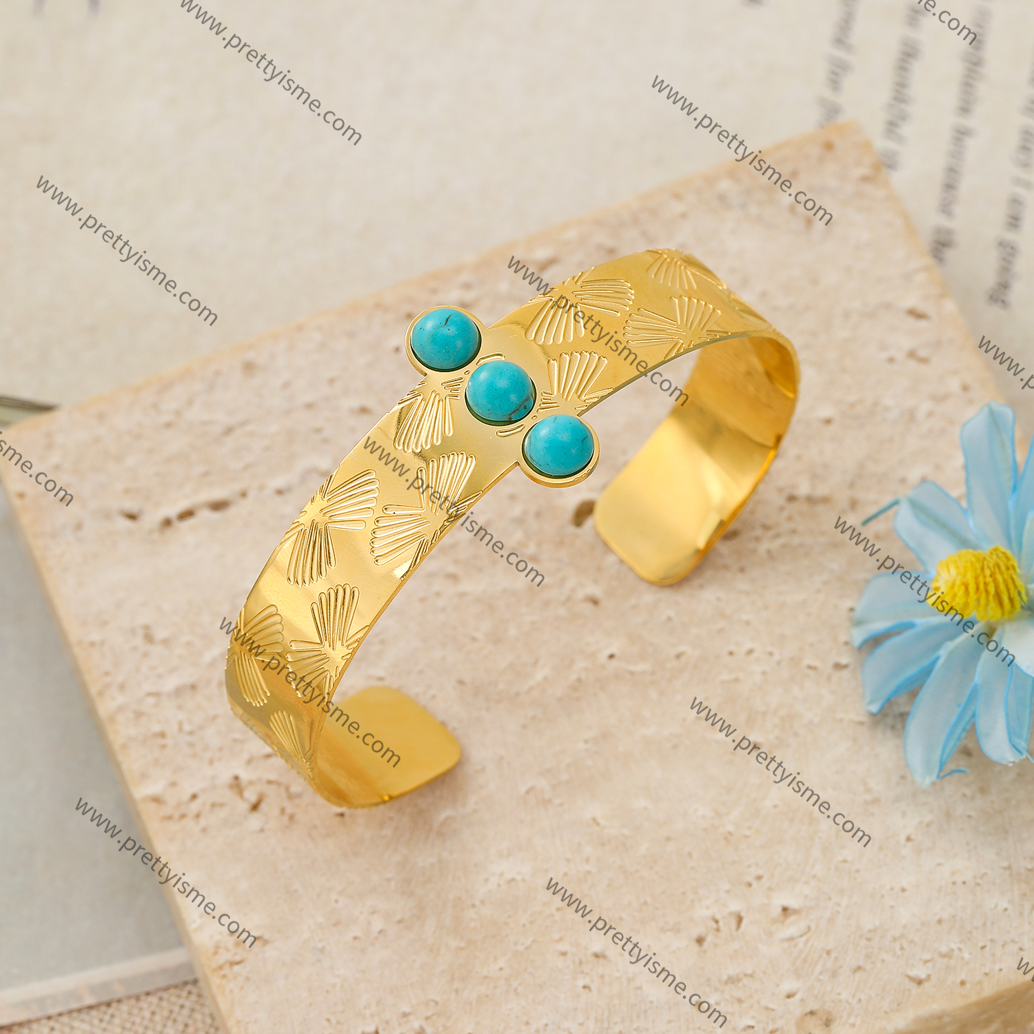 Wide Bracelet Gold Plated 18K Inlaid Turquoise Open Bracelet Carved Pattern (4).webp