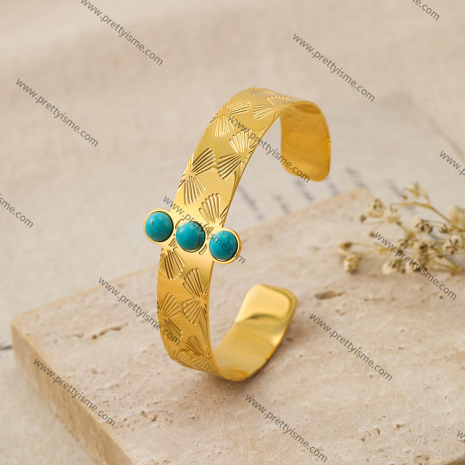 Wide Bracelet Gold Plated 18K Inlaid Turquoise Open Bracelet Carved Pattern (3).webp