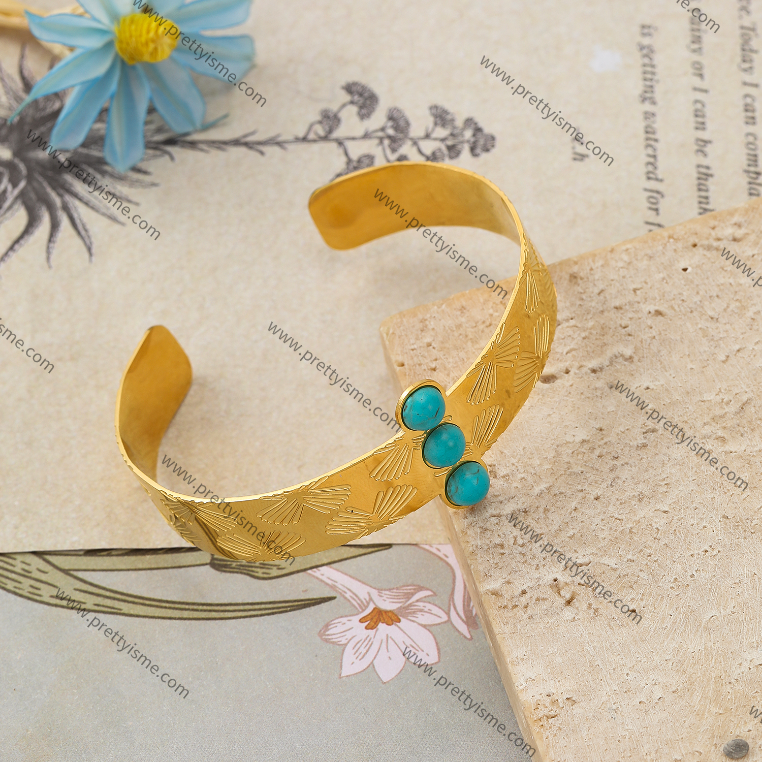 Wide Bracelet Gold Plated 18K Inlaid Turquoise Open Bracelet Carved Pattern (2).webp