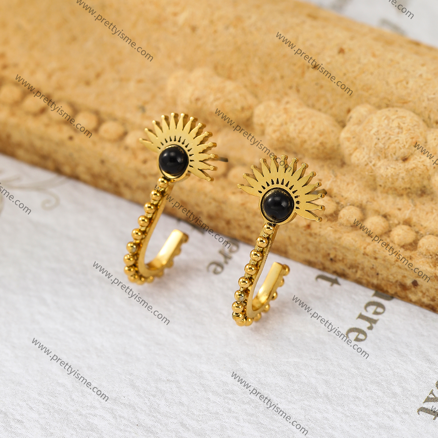 Stainless Steel Earrings Unique Shape 18K Gold Plated Waterproof with Gold Beads.webp