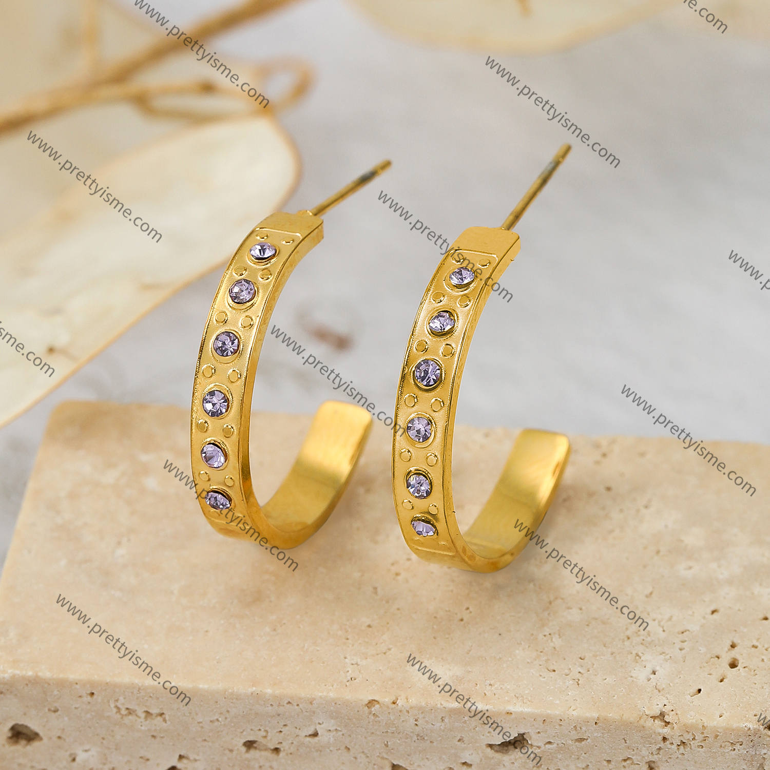 Half Curved Stainless Steel Earrings 18K Gold Plated Water Resistant with Purple Zircon.webp