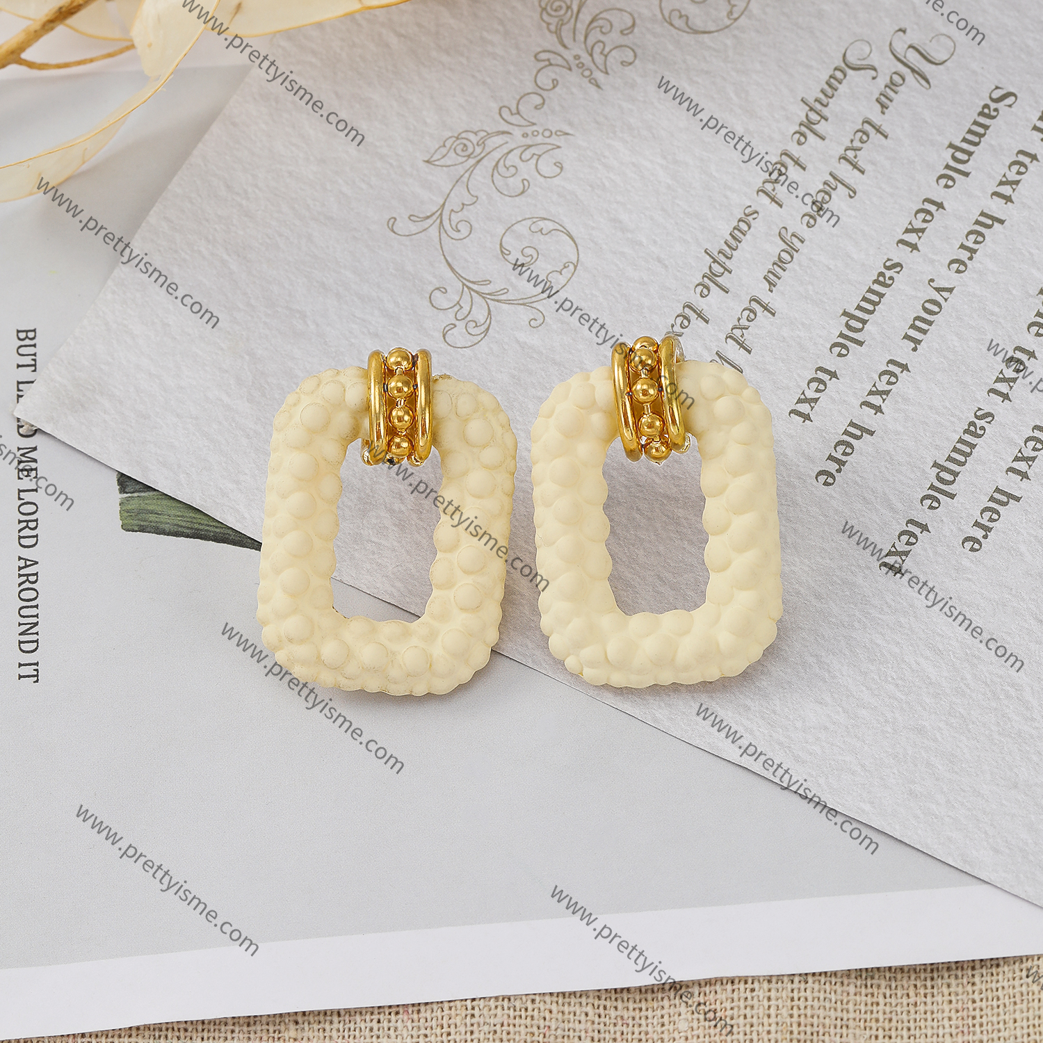 White Square Stainless Steel Earrings with Speckled 18K Gold Plated and Small Gold Beads (3).webp