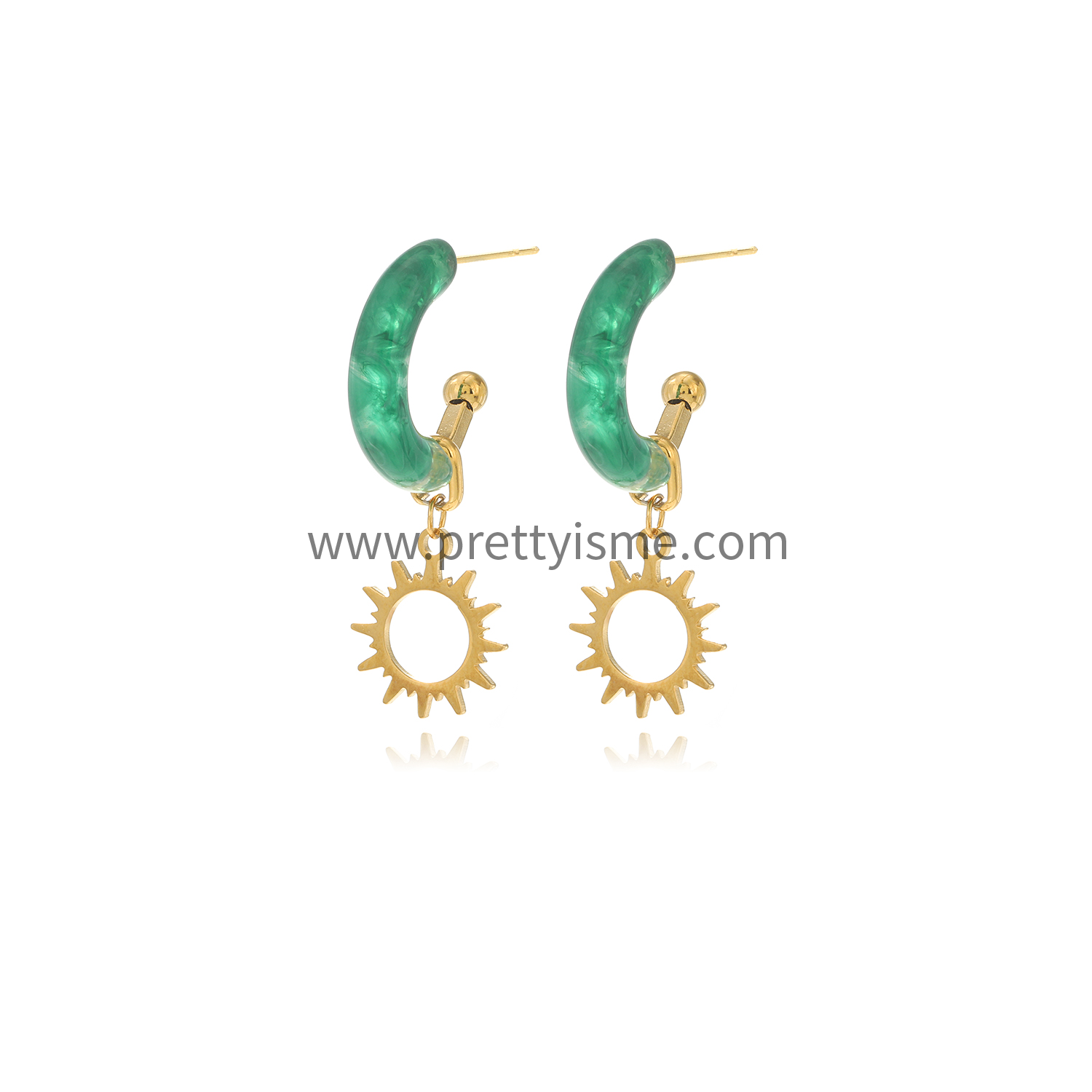 Emerald Green Half Curved Stainless Steel Earrings with Sun Shape Pendant (5).webp