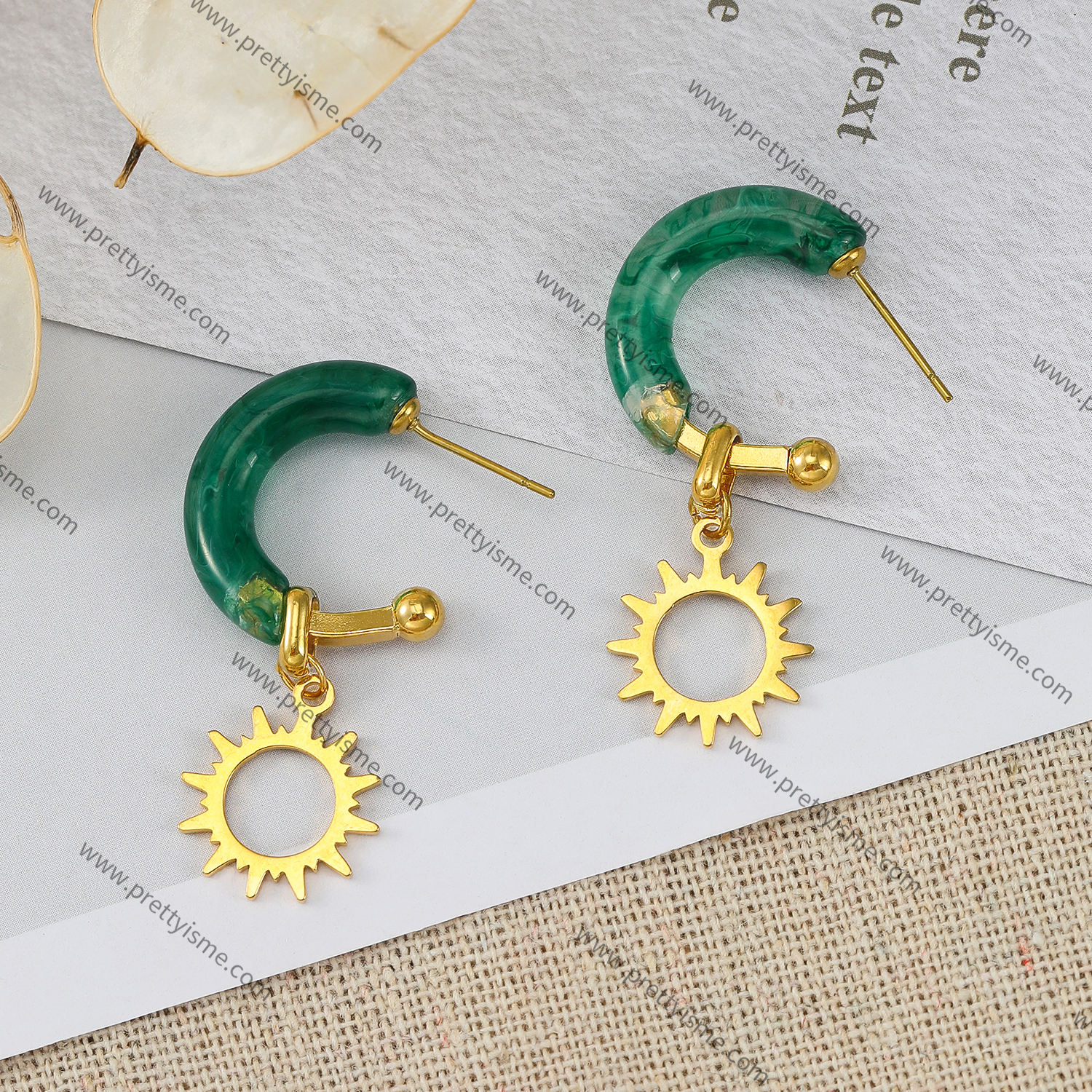 Emerald Green Half Curved Stainless Steel Earrings with Sun Shape Pendant (4).webp