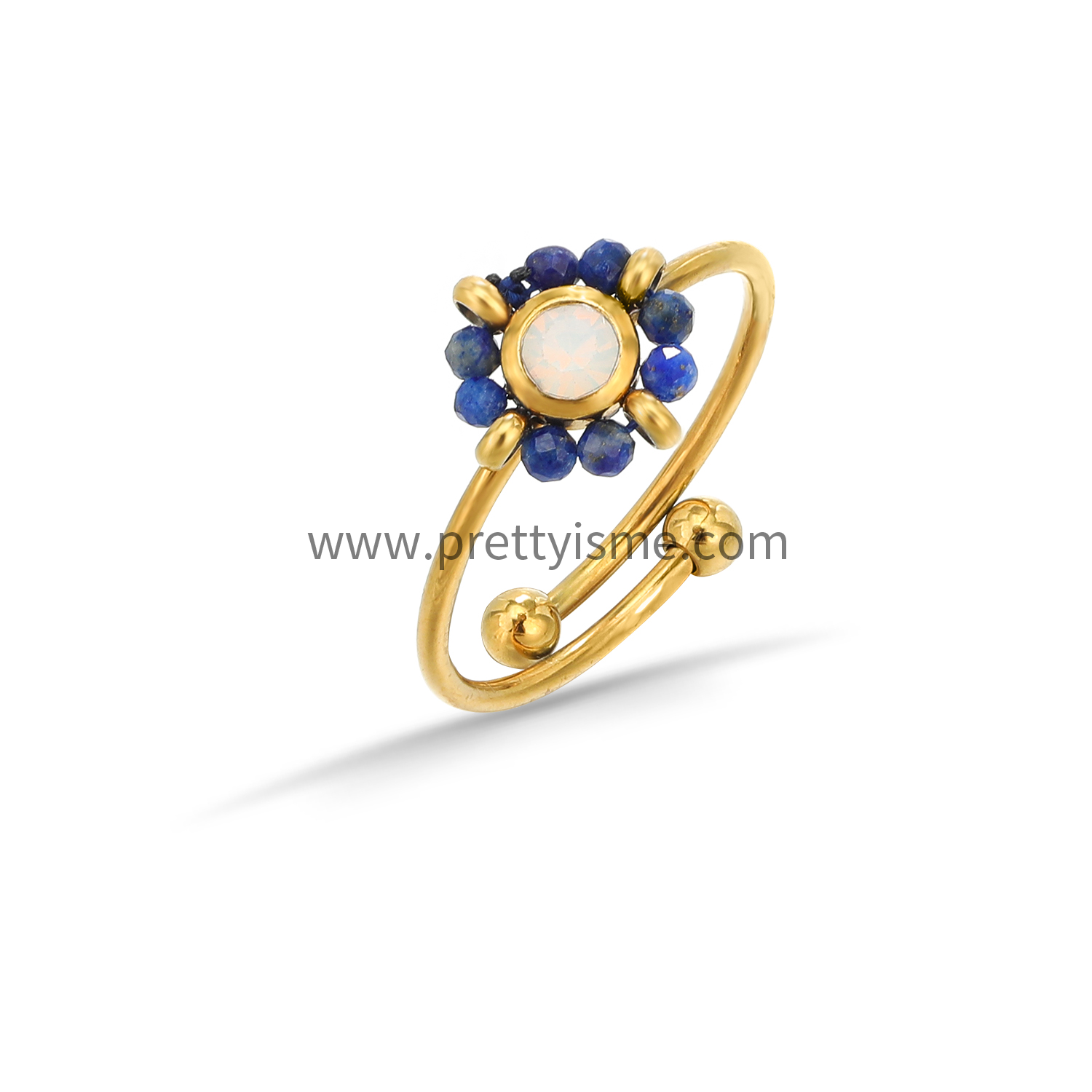 Lovely Open Ring Stainless Steel 18K Gold Plated with Blue Flowers (5).webp