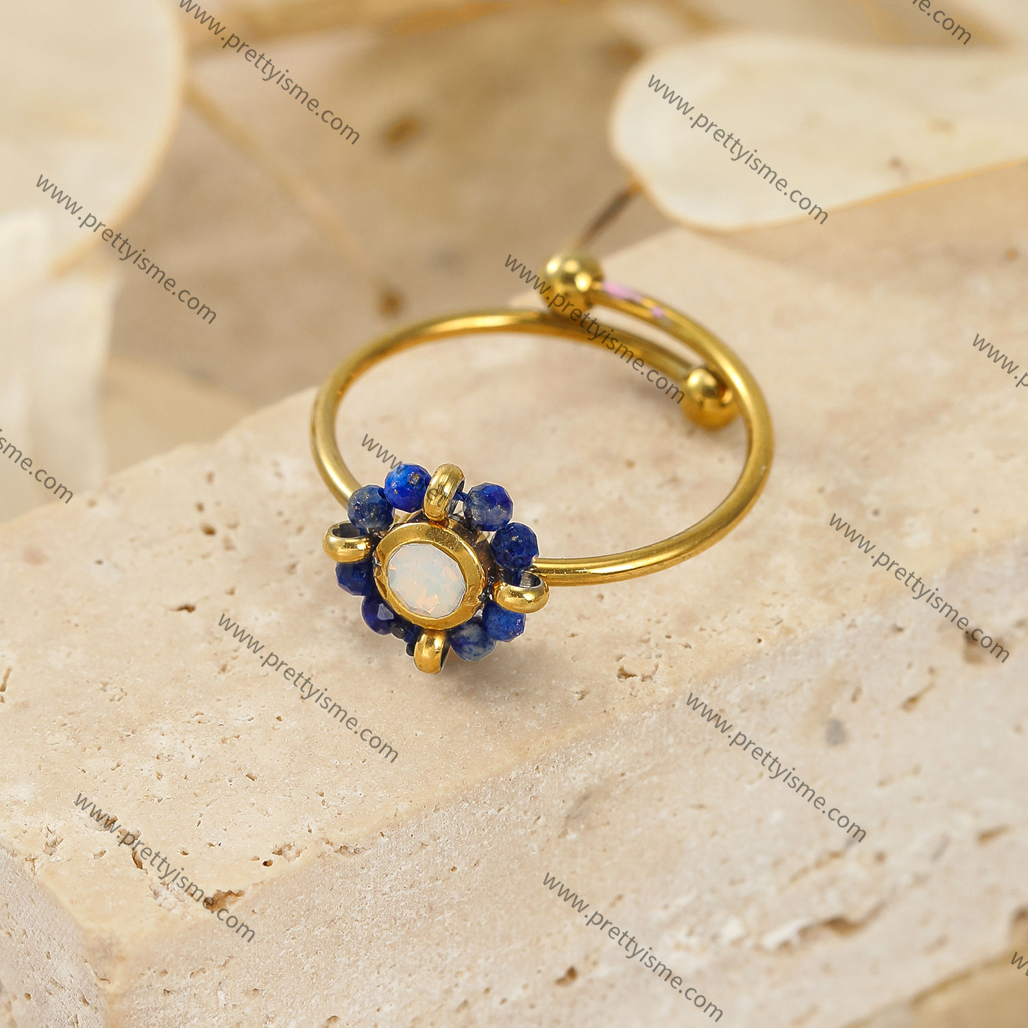 Lovely Open Ring Stainless Steel 18K Gold Plated with Blue Flowers (3).webp
