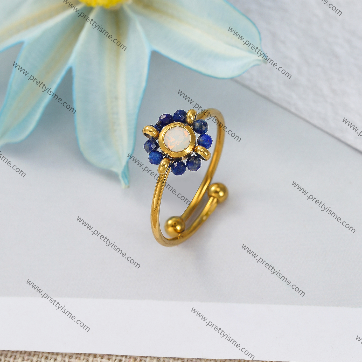 Lovely Open Ring Stainless Steel 18K Gold Plated with Blue Flowers (4).webp