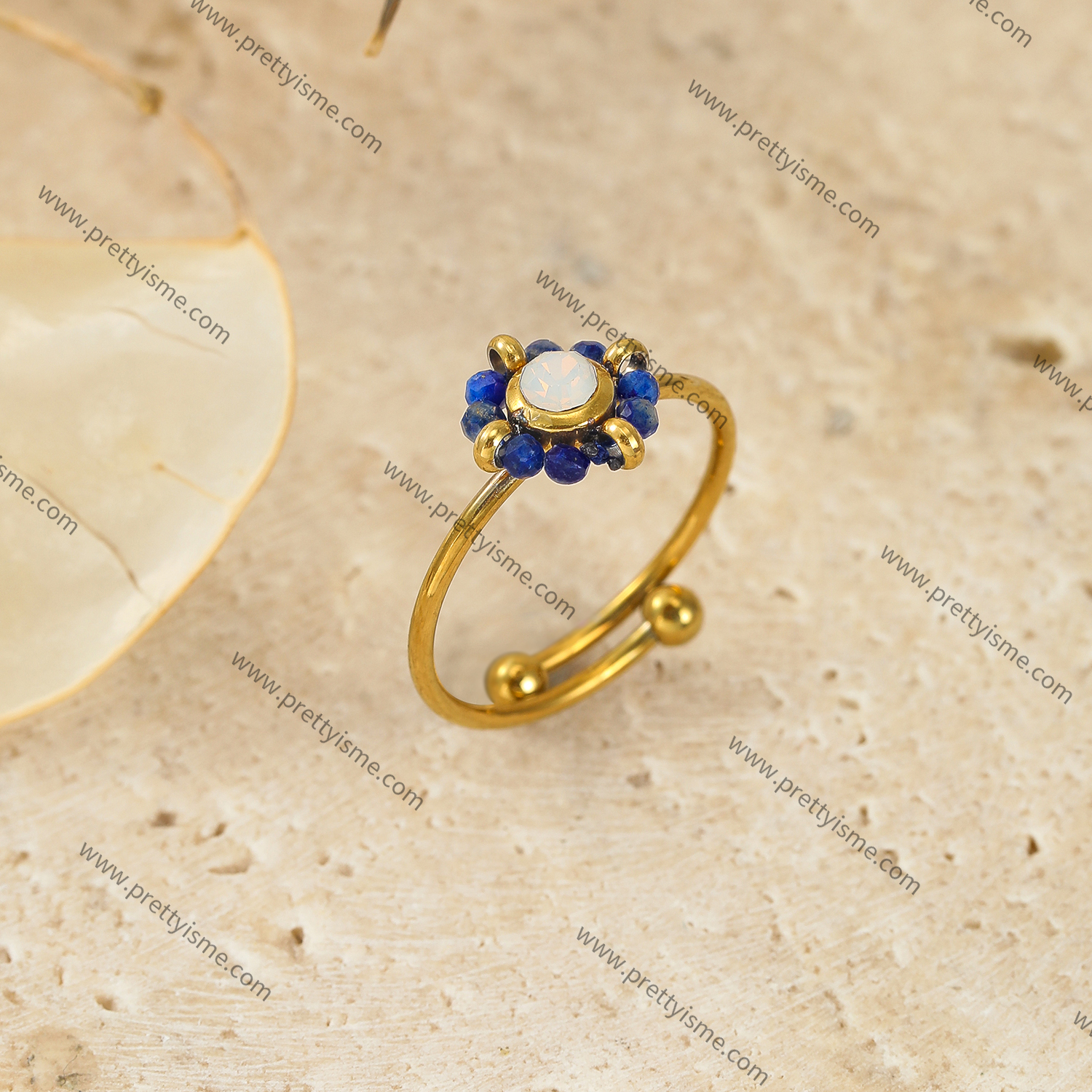 Lovely Open Ring Stainless Steel 18K Gold Plated with Blue Flowers.webp