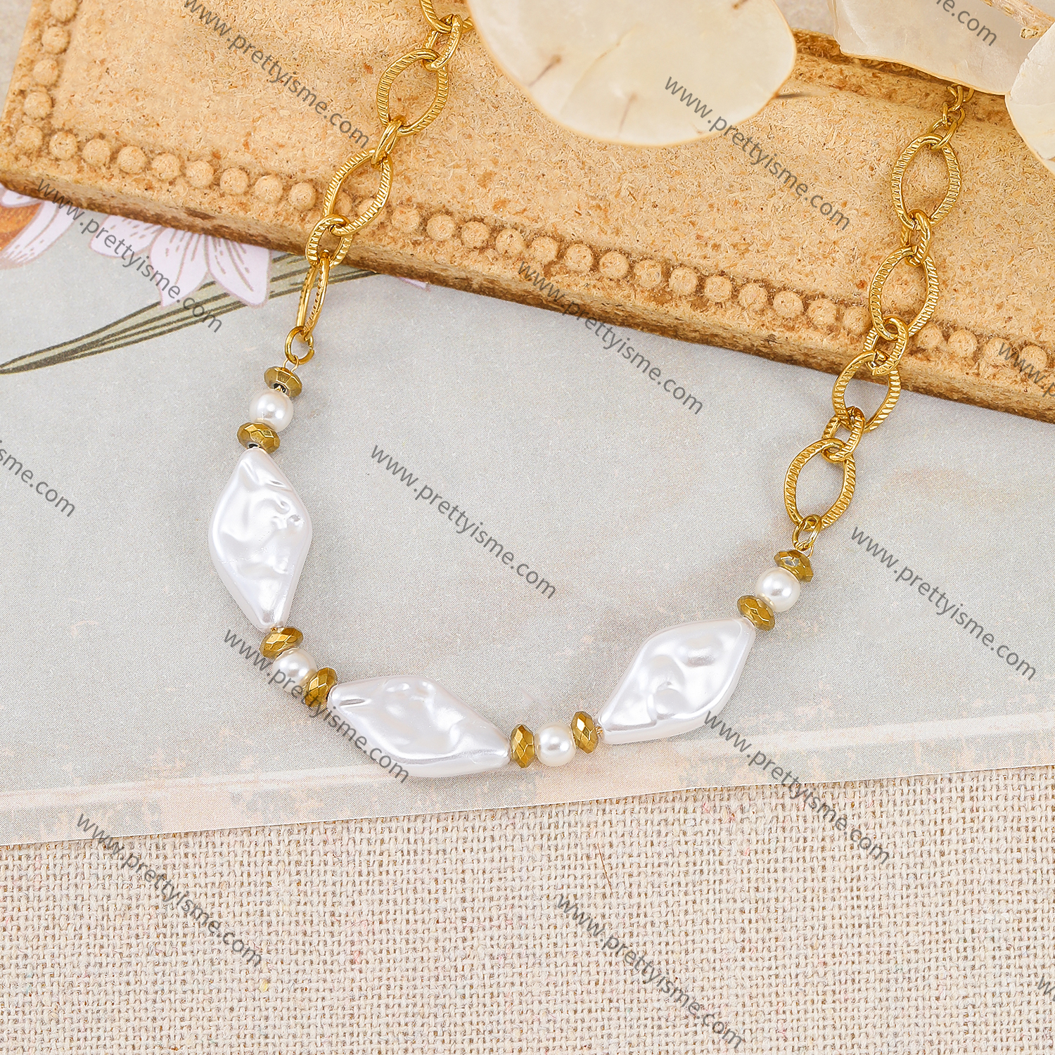 White Pearl Stainless Steel Bracelet 18K Gold Plated Bracelet (3).webp