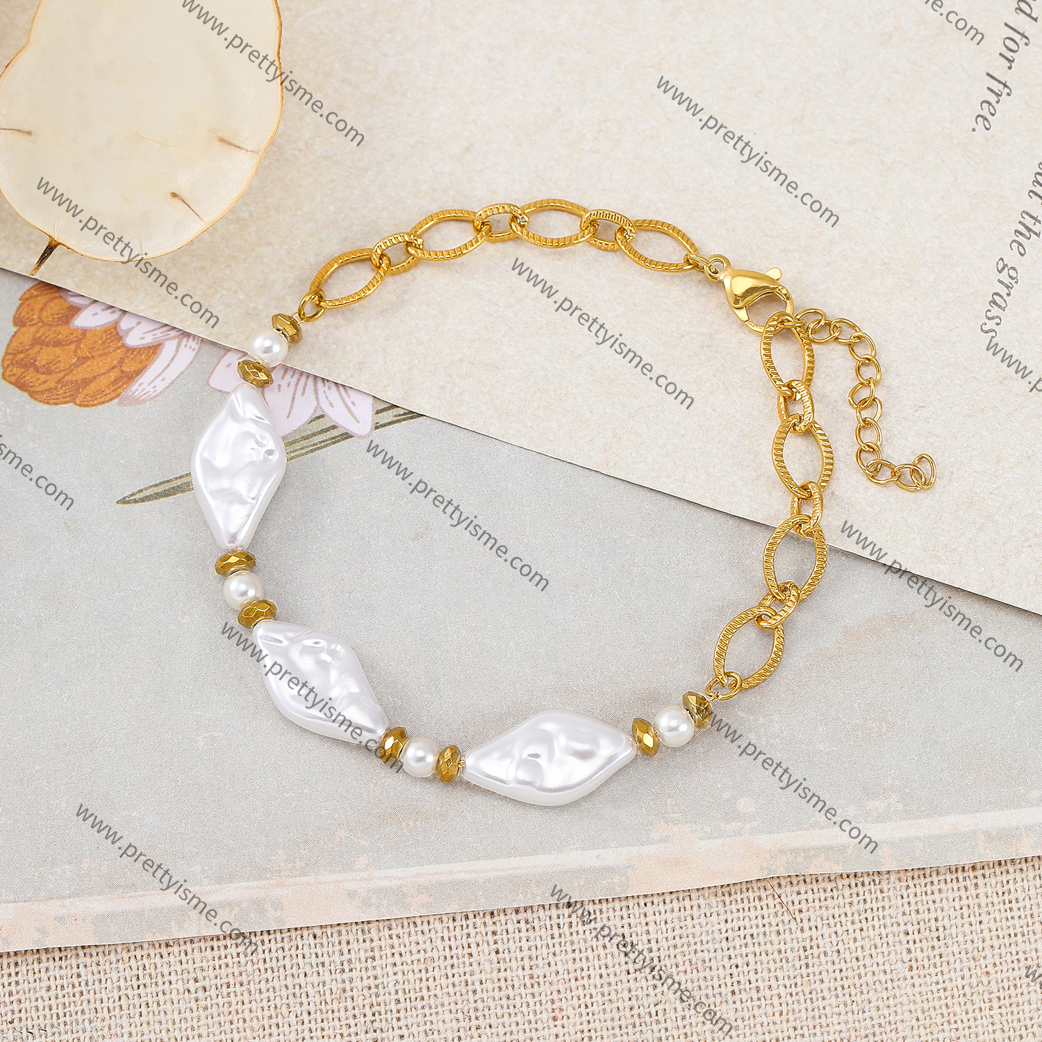 White Pearl Stainless Steel Bracelet 18K Gold Plated Bracelet (4).webp