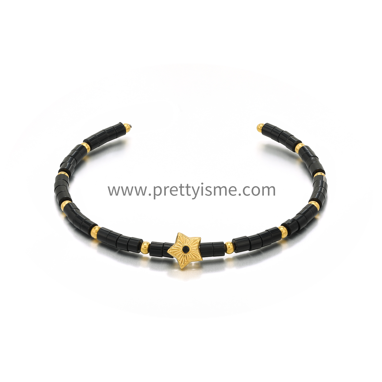 Black Tube Bead Stainless Steel Bracelet 18K Gold Plated Open Bracelet with Stars (5).webp