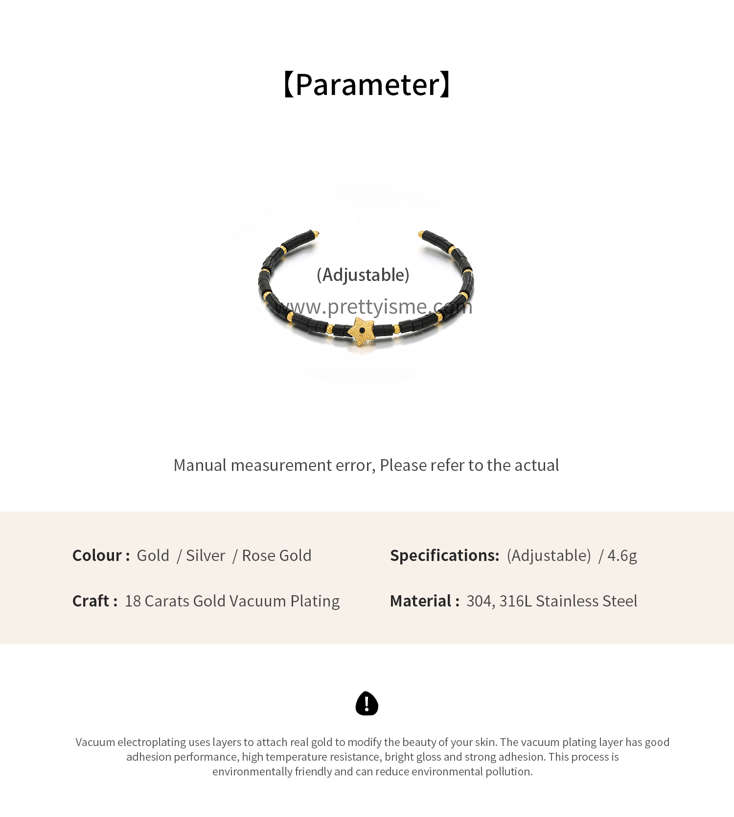 Black Tube Bead Stainless Steel Bracelet 18K Gold Plated Open Bracelet with Stars (6).webp
