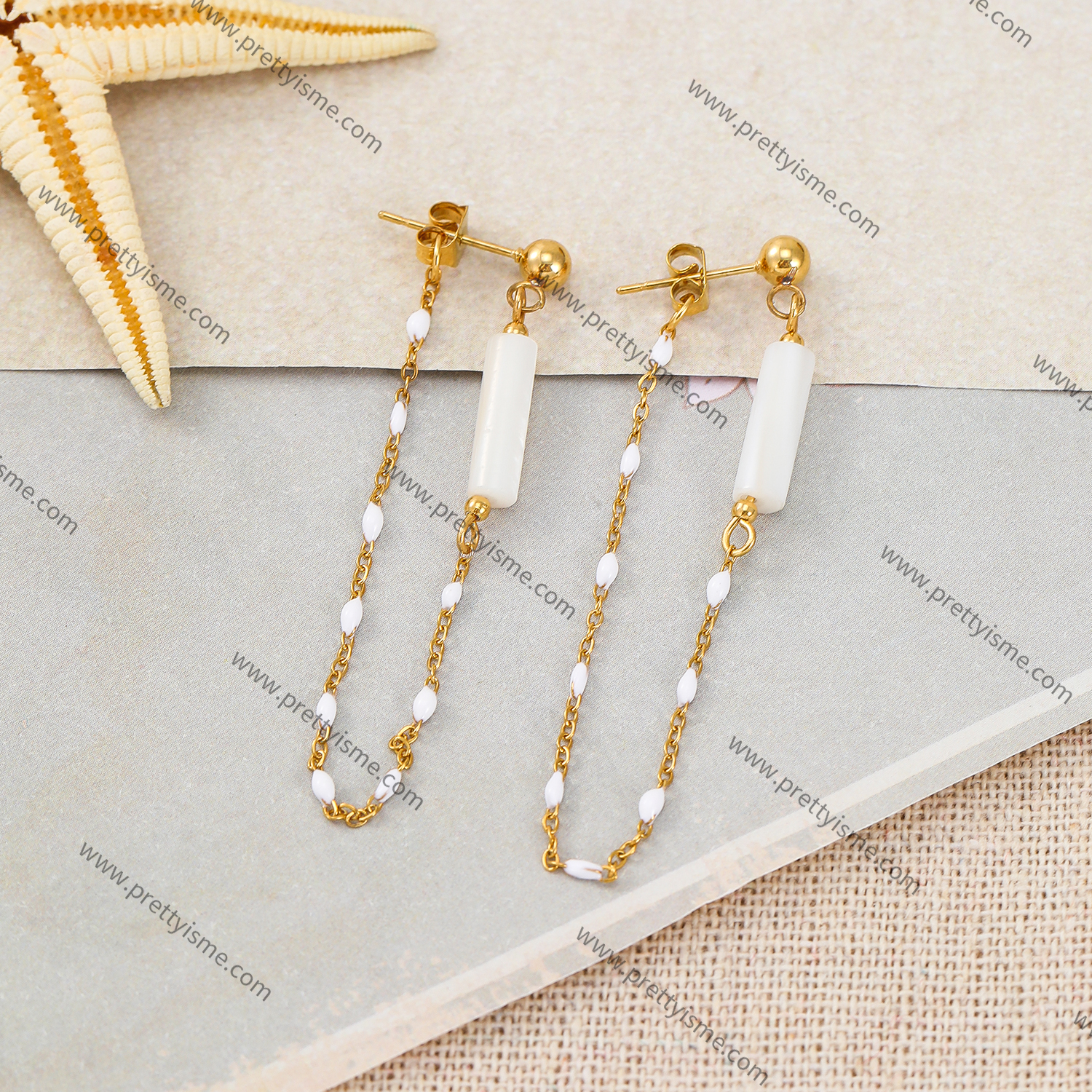 Long Chain Stainless Steel Earrings Gold Plated 18K with White Tube Earrings (2).webp