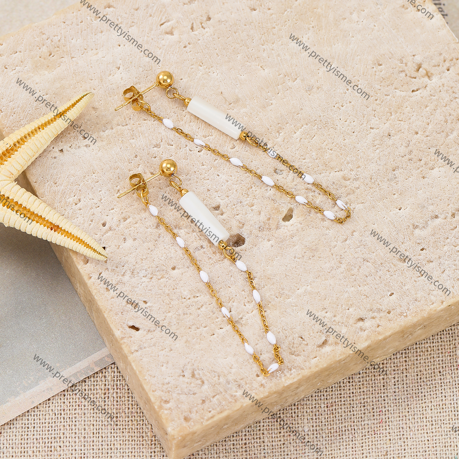 Long Chain Stainless Steel Earrings Gold Plated 18K with White Tube Earrings (4).webp