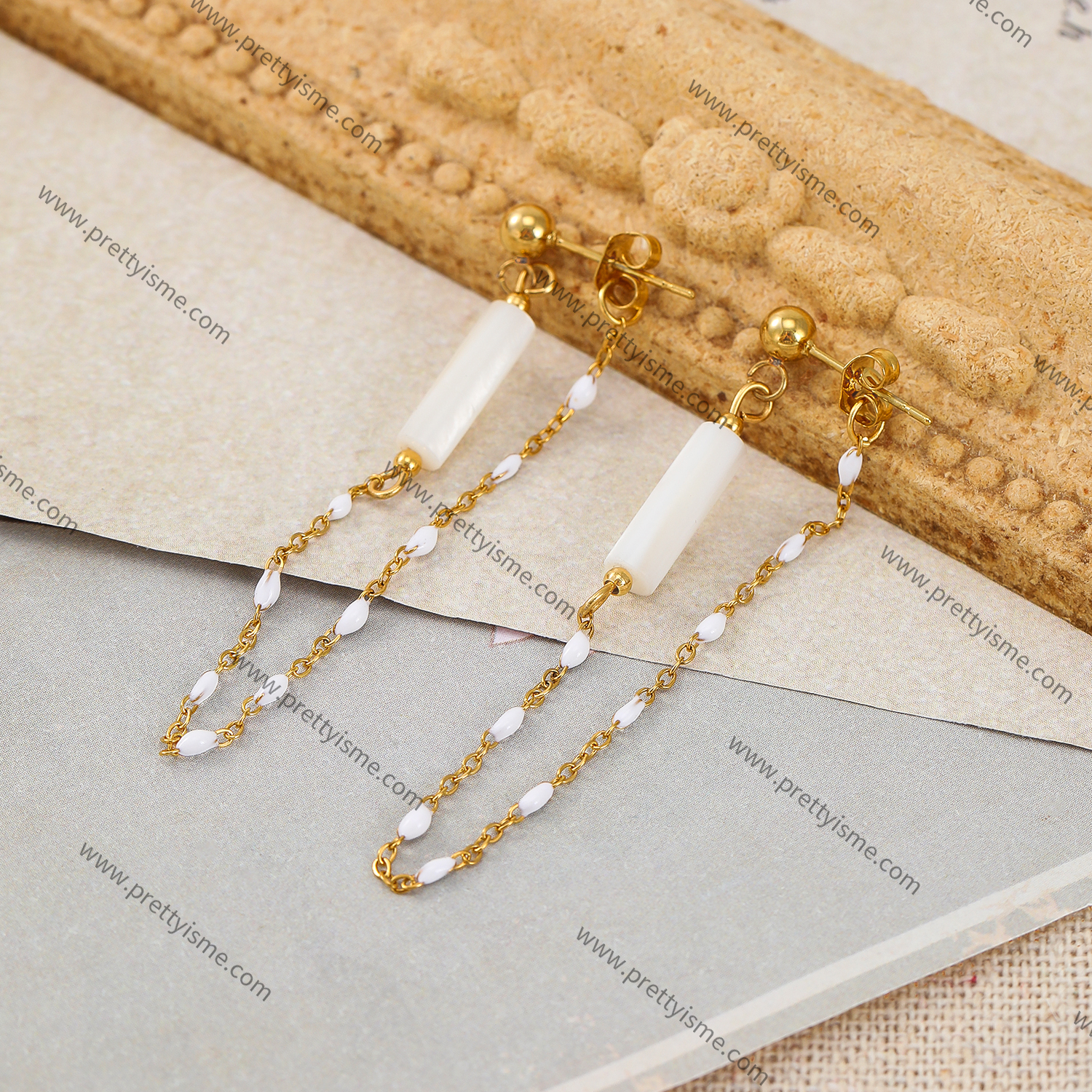 Long Chain Stainless Steel Earrings Gold Plated 18K with White Tube Earrings.webp