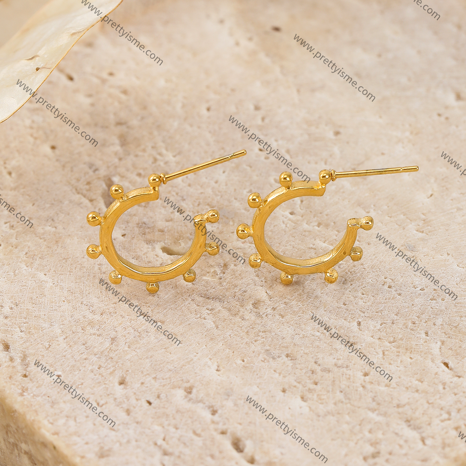 Half Arc Stainless Steel Earrings Gold Plated 18K Earrings with Gold Beads.webp