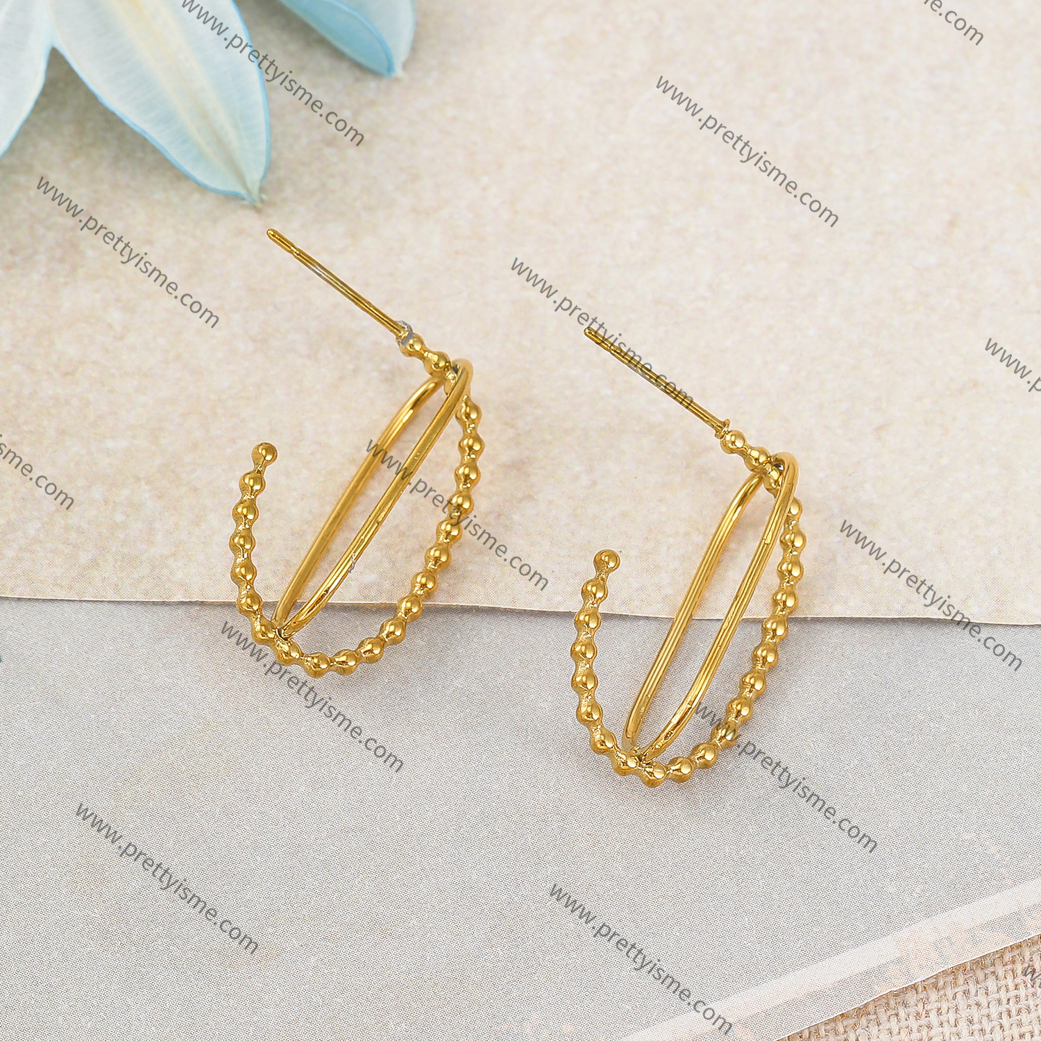 Hoop Stainless Steel Earrings Gold Plated 18K Earrings with Gold Beads (2).webp