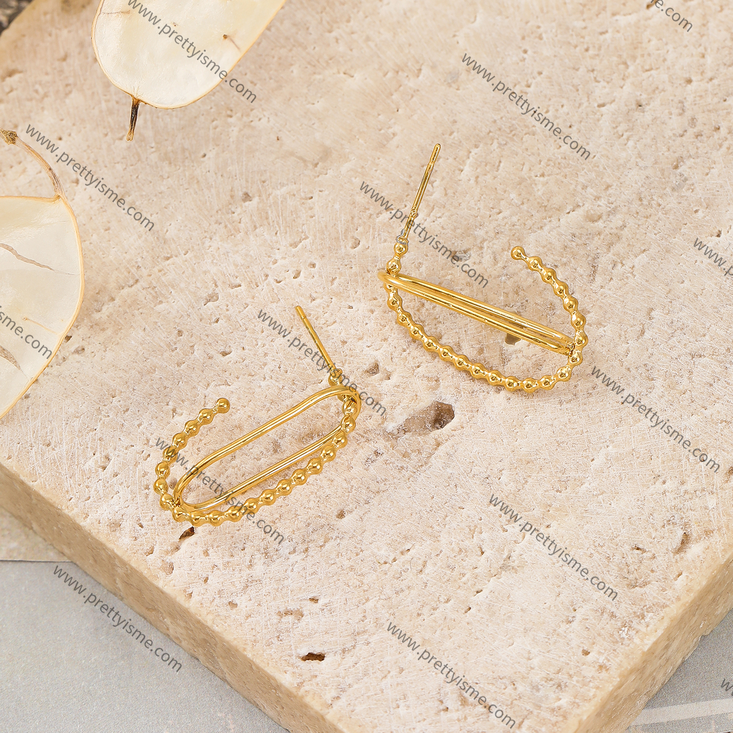 Hoop Stainless Steel Earrings Gold Plated 18K Earrings with Gold Beads (3).webp