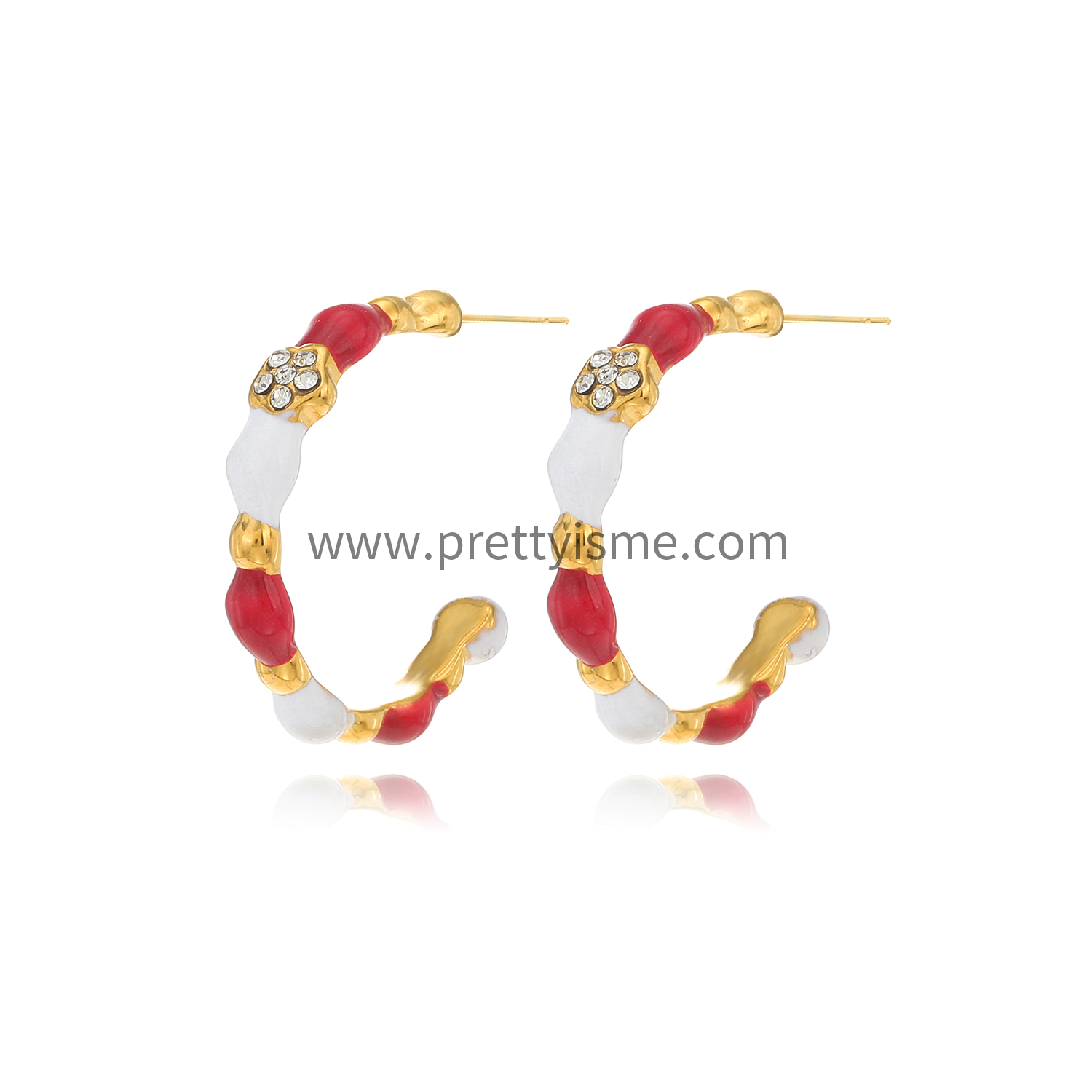 Red and White Stainless Steel Earrings Gold Plated 18K Earrings with White Zircons (5).webp