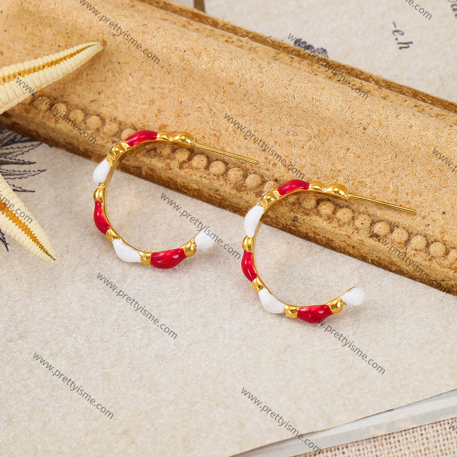 Red and White Stainless Steel Earrings Gold Plated 18K Earrings with White Zircons (3).webp